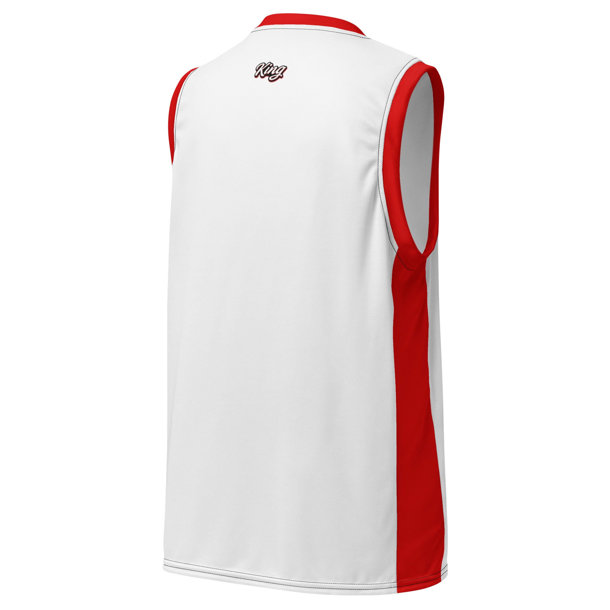 Weißes Basketball-Shirt mit roten Seitenstreifen und roten Kragen. Auf der Brust steht in weißer Schrift mit rotem Schatten und schwarzem Rand das Wort "King".
