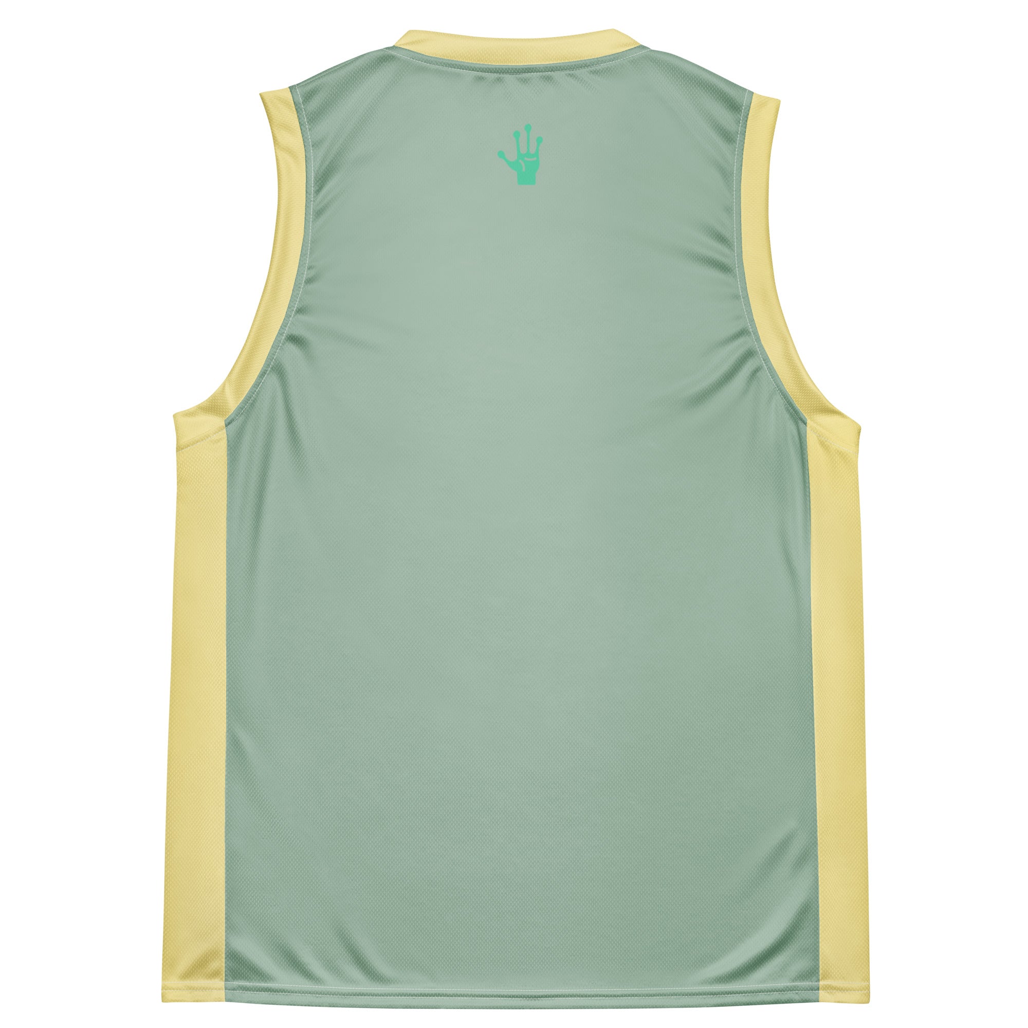 Ein lebhaftes, salbei grünes Basketballtrikot, akzentuiert durch frische, sonnengelbe Streifen an den Seiten und am Kragen. Das Herzstück des Trikots ist eine skurrile Grafik: Ein grünes Alien, entspannt auf einer leuchtenden, gelben Mondsichel, mit einer Zigarette im Mundwinkel. Um den Mond herum tanzen stilisierte Sterne und Planeten, die dem Design eine kosmische Note verleihen.