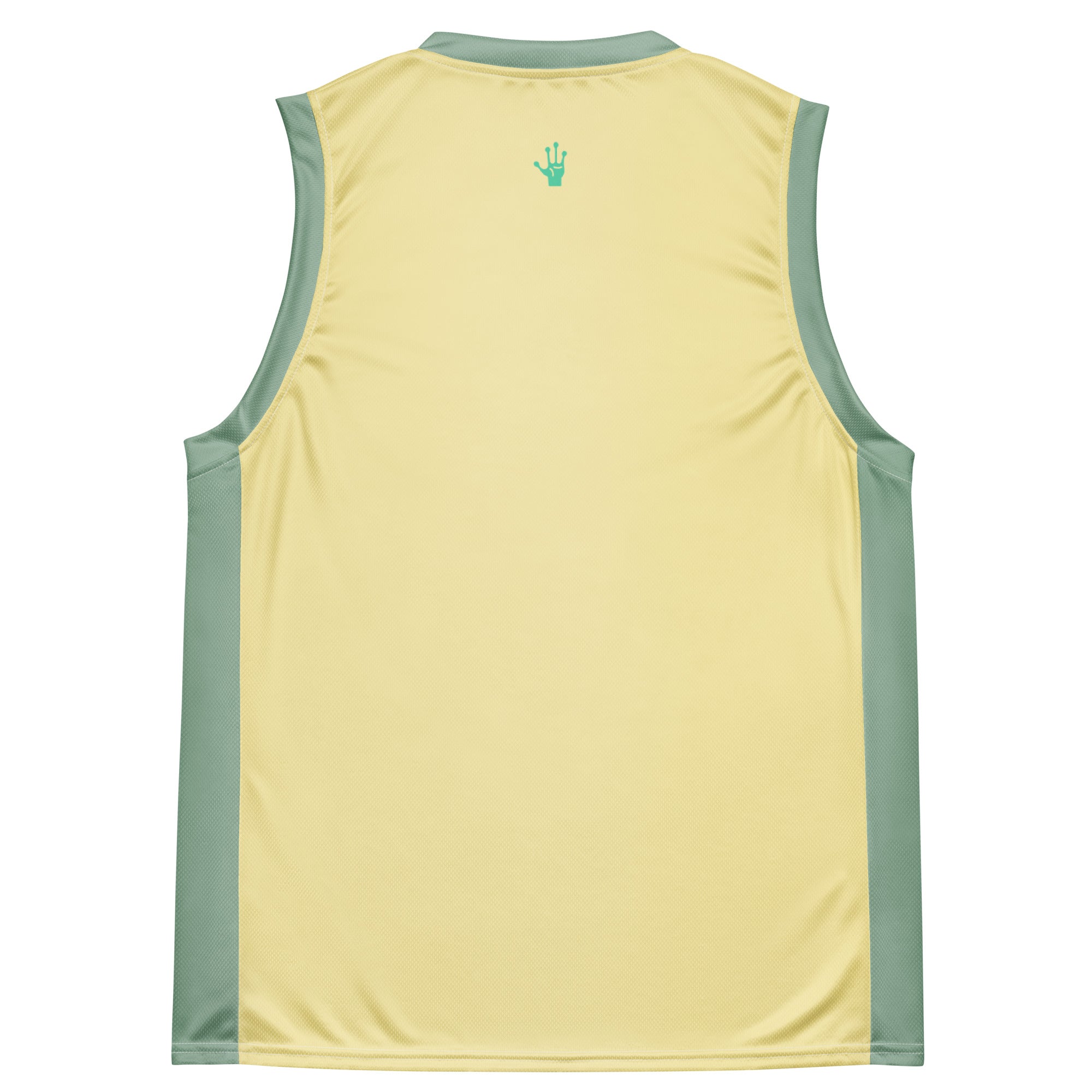 Ein lebhaftes, sonnengelbes Basketballtrikot, akzentuiert durch frische, mintgrüne Streifen an den Seiten und am Kragen. Das Herzstück des Trikots ist eine skurrile Grafik: Ein grünes Alien, entspannt auf einer leuchtenden, gelben Mondsichel, mit einer Zigarette im Mundwinkel. Um den Mond herum tanzen stilisierte Sterne und Planeten, die dem Design eine kosmische Note verleihen.