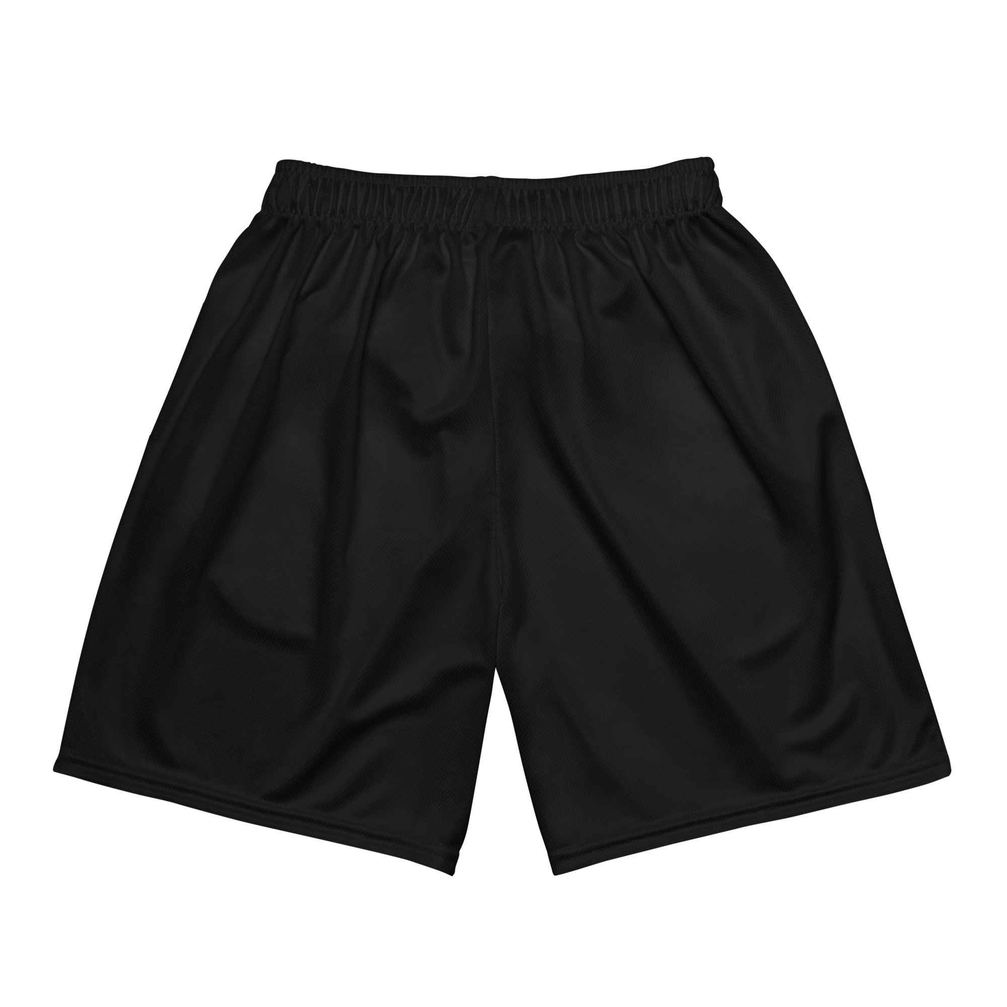 Schwarze Mesh-Sportshorts mit elastischem Bund. Am unteren rechten Bein steht in weißer Schrift mit rotem Schatten und schwarzem Rand das Wort "Nope".