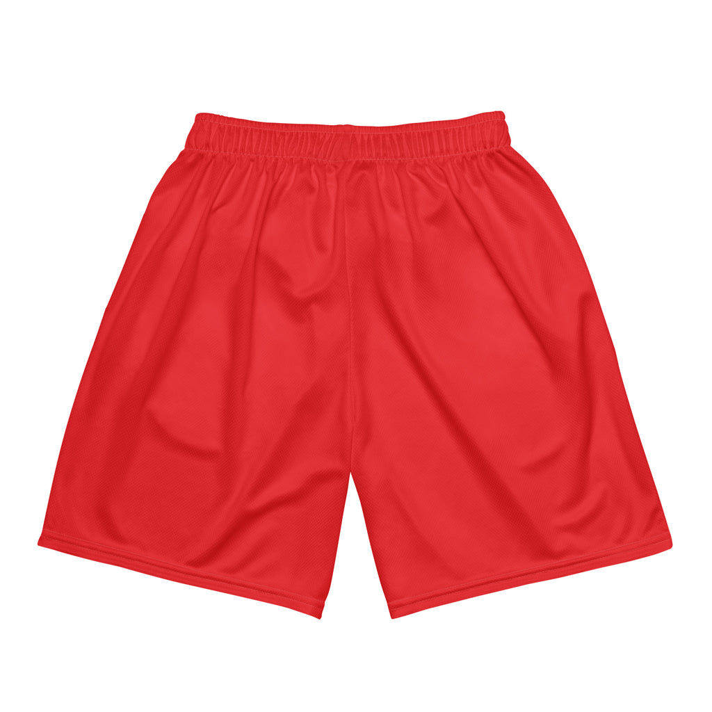 Rote Mesh-Sportshorts mit elastischem Bund. Am unteren rechten Bein steht in weißer Schrift mit rotem Schatten und schwarzem Rand das Wort "King".