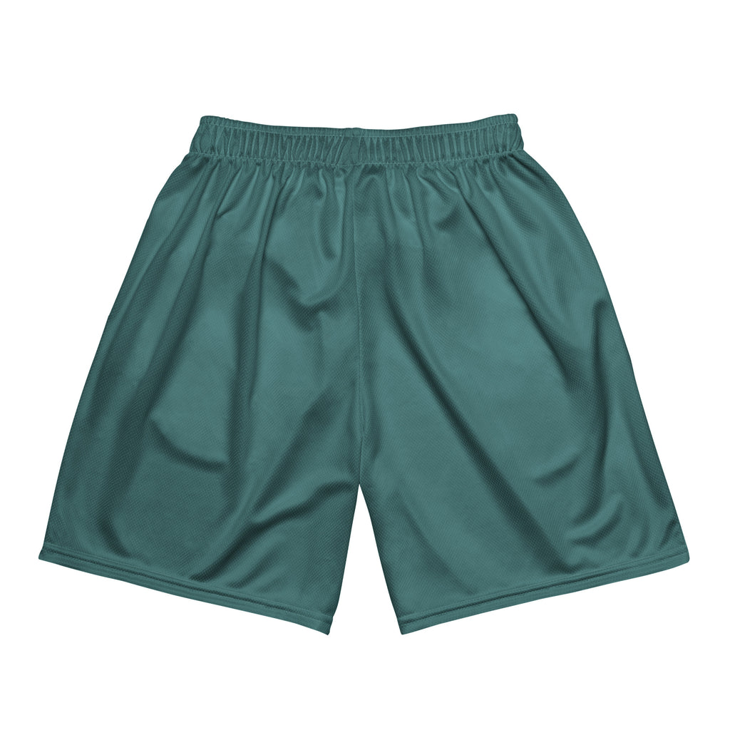 dunkelpetrolfarbene Basketballshorts aus glattem Sportgewebe. Auf dem linken Oberschenkel ist eine kleinere, detaillierte Version des "Loving Fishy" Cartoon-Fisches mit Cap und Herz-Sonnenbrille abgebildet.