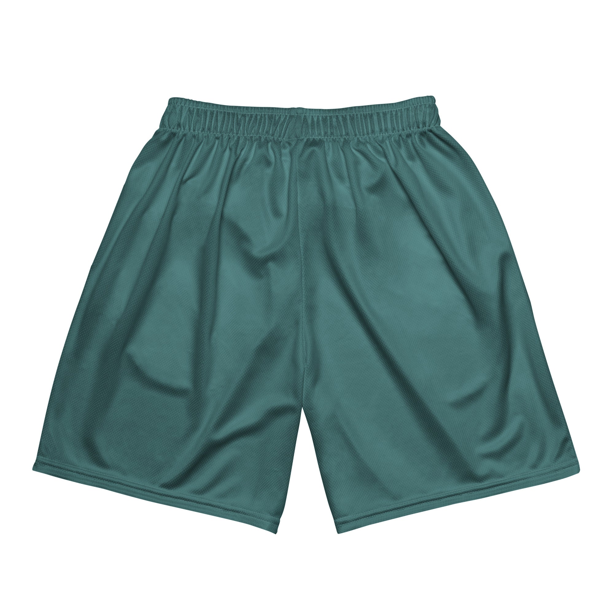 dunkelpetrolfarbene Basketballshorts aus glattem Sportgewebe. Auf dem linken Oberschenkel ist eine kleinere, detaillierte Version des "Loving Fishy" Cartoon-Fisches mit Cap und Herz-Sonnenbrille abgebildet.