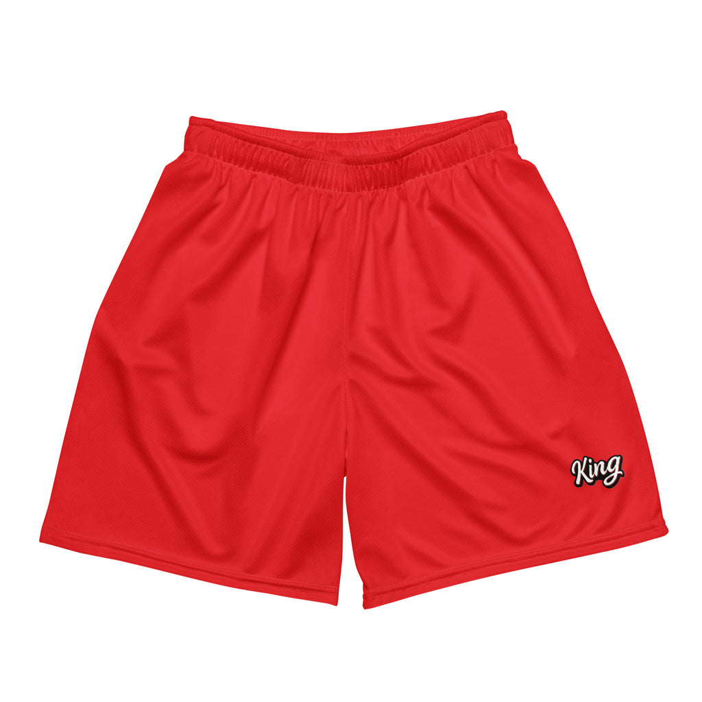 Rote Mesh-Sportshorts mit elastischem Bund. Am unteren rechten Bein steht in weißer Schrift mit rotem Schatten und schwarzem Rand das Wort "King".