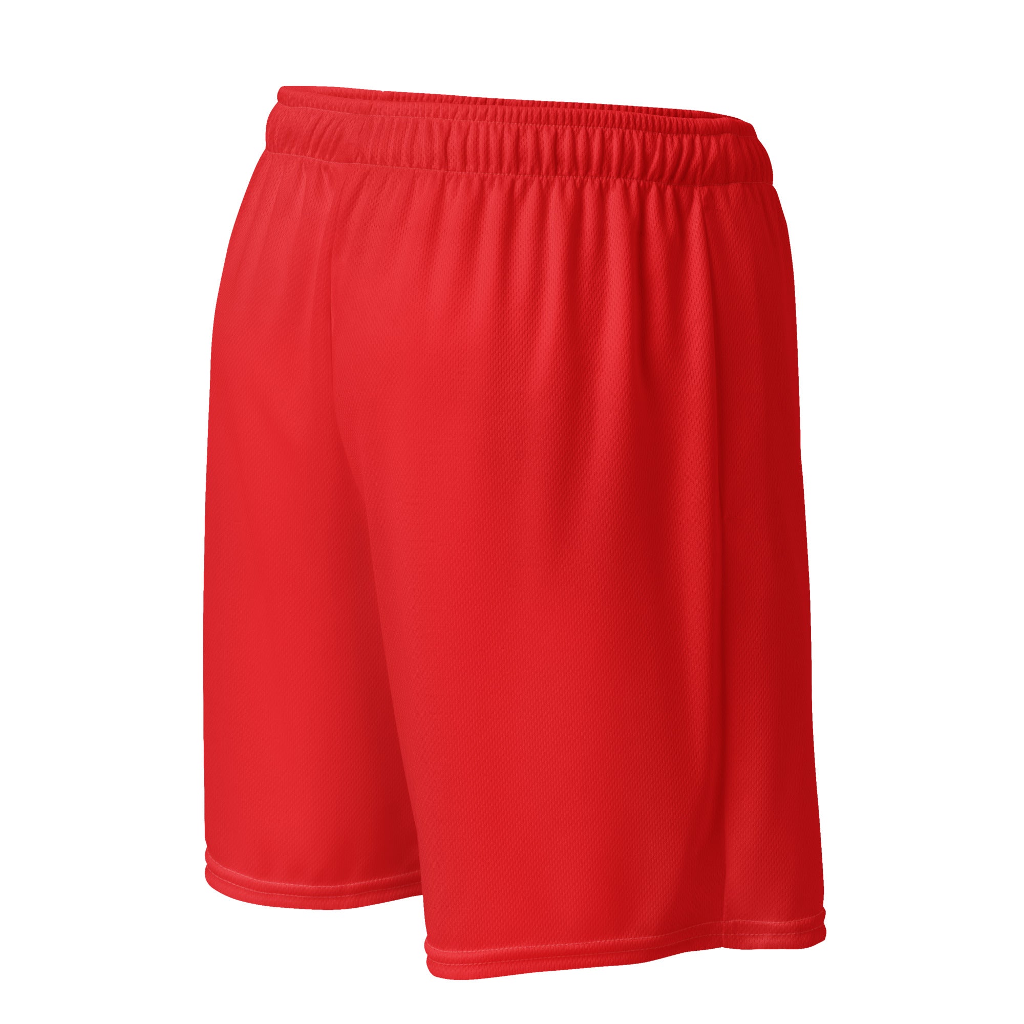 Rote Mesh-Sportshorts mit elastischem Bund. Am unteren rechten Bein steht in weißer Schrift mit rotem Schatten und schwarzem Rand das Wort "King".