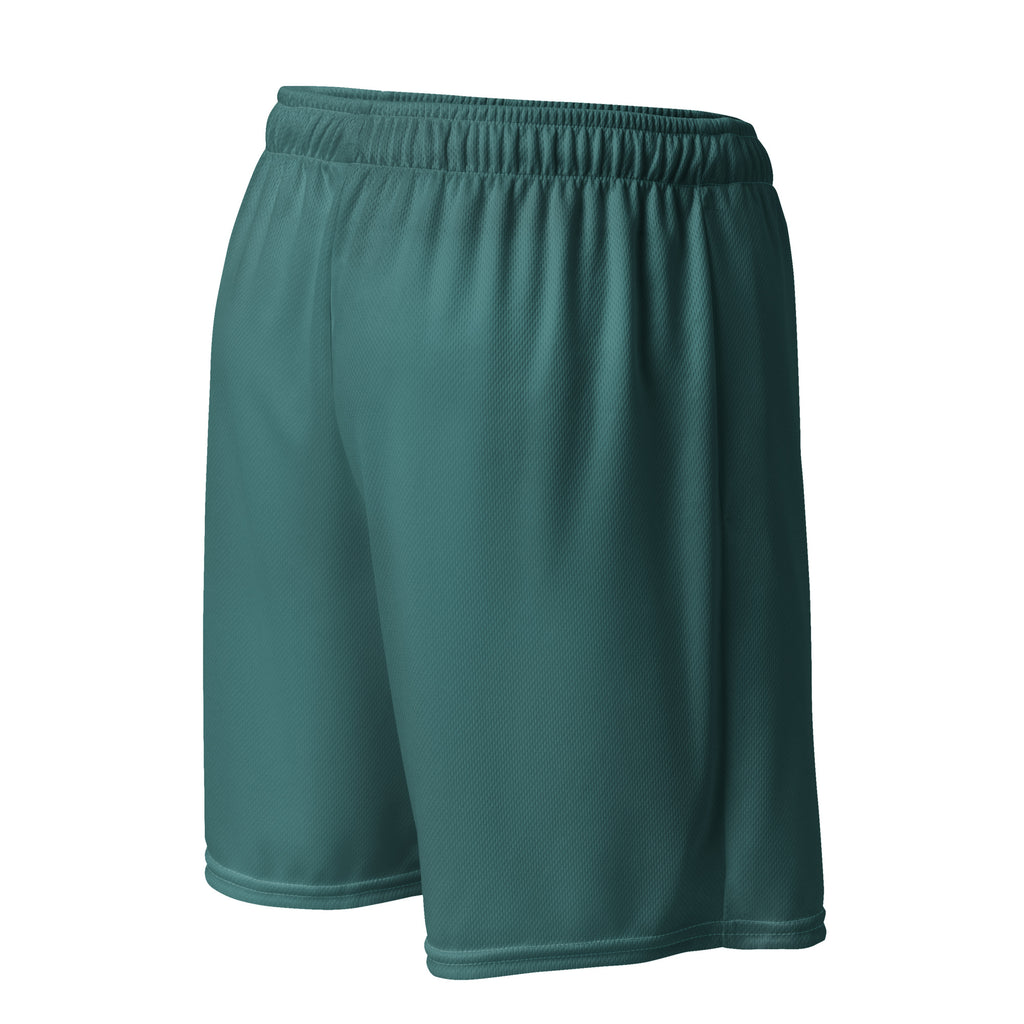 dunkelpetrolfarbene Basketballshorts aus glattem Sportgewebe. Auf dem linken Oberschenkel ist eine kleinere, detaillierte Version des "Loving Fishy" Cartoon-Fisches mit Cap und Herz-Sonnenbrille abgebildet.