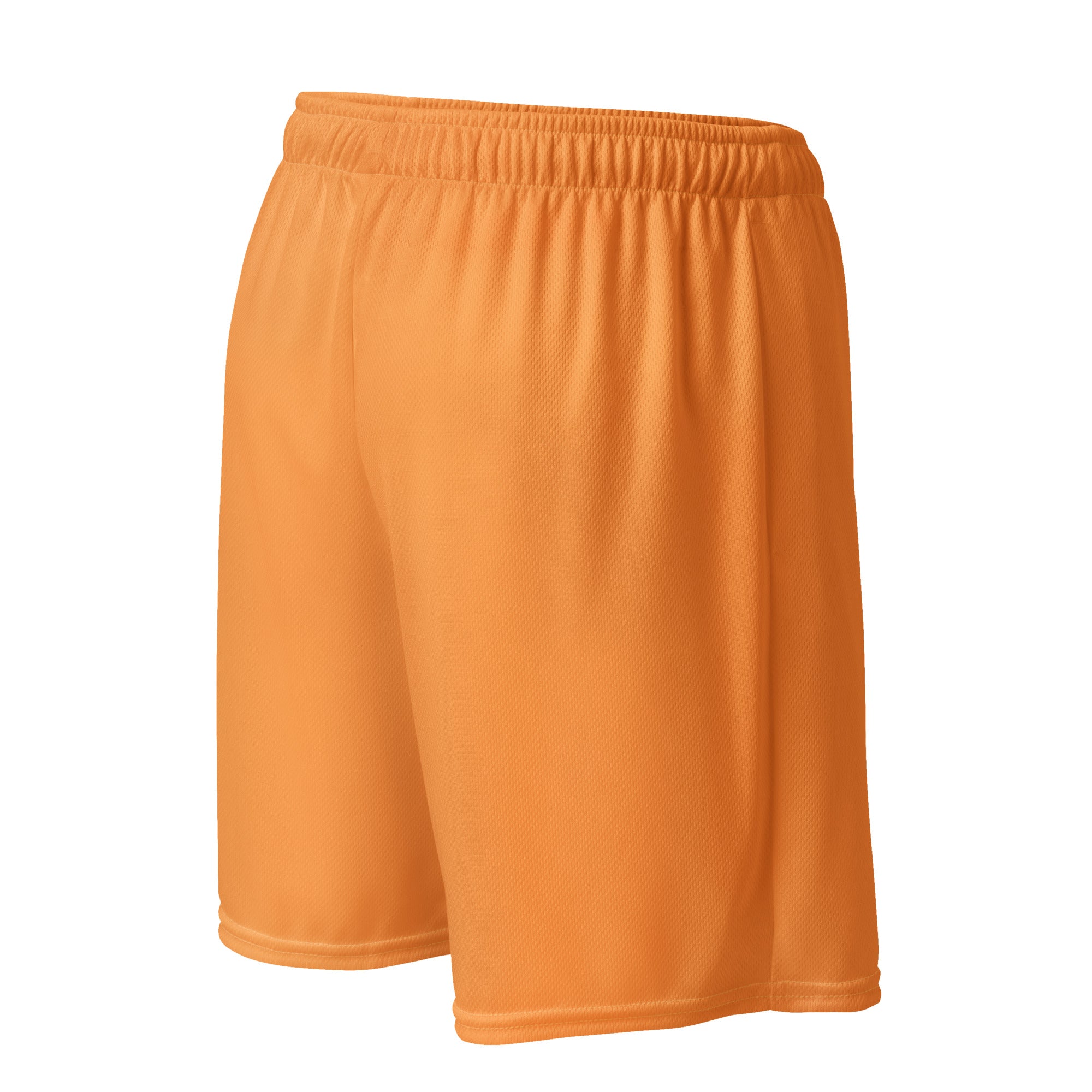 Orange farbene Basketballshorts aus glattem Sportgewebe. Auf dem linken Oberschenkel ist eine kleinere, detaillierte Version des "Loving Fishy" Cartoon-Fisches mit Cap und Herz-Sonnenbrille abgebildet.