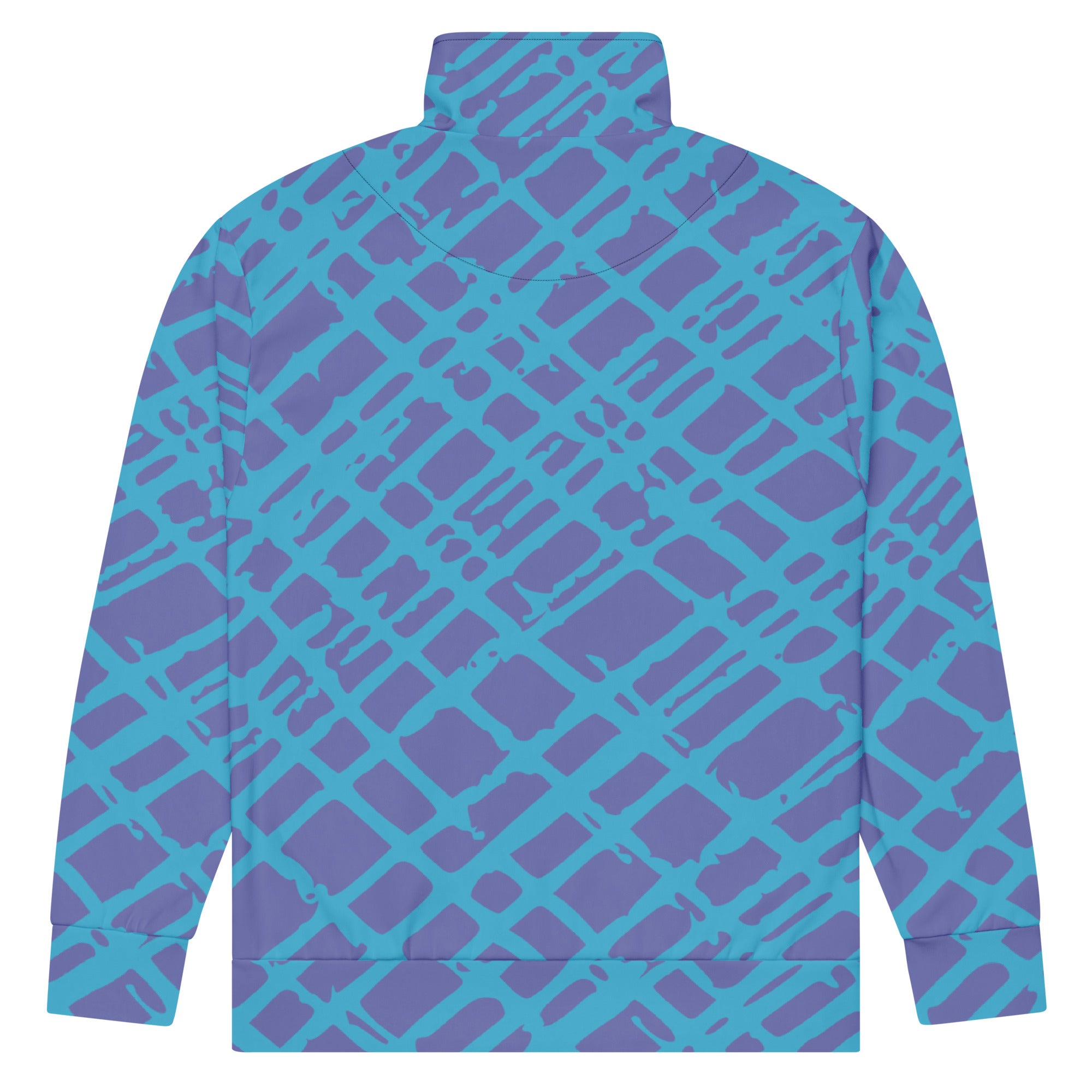 Herren-Trainingsjacke in Türkis und Lila mit einem abstrakten, gitterartigen Muster. Die Jacke hat einen Stehkragen und einen durchgehenden Reißverschluss.