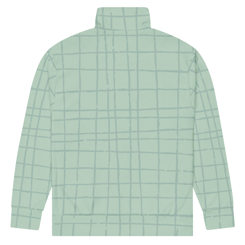 Trainingsjacke in hellem Mintgrün mit einem dezenten, hellgrauen Gittermuster. Die Jacke hat einen Stehkragen und einen durchgehenden Reißverschluss.