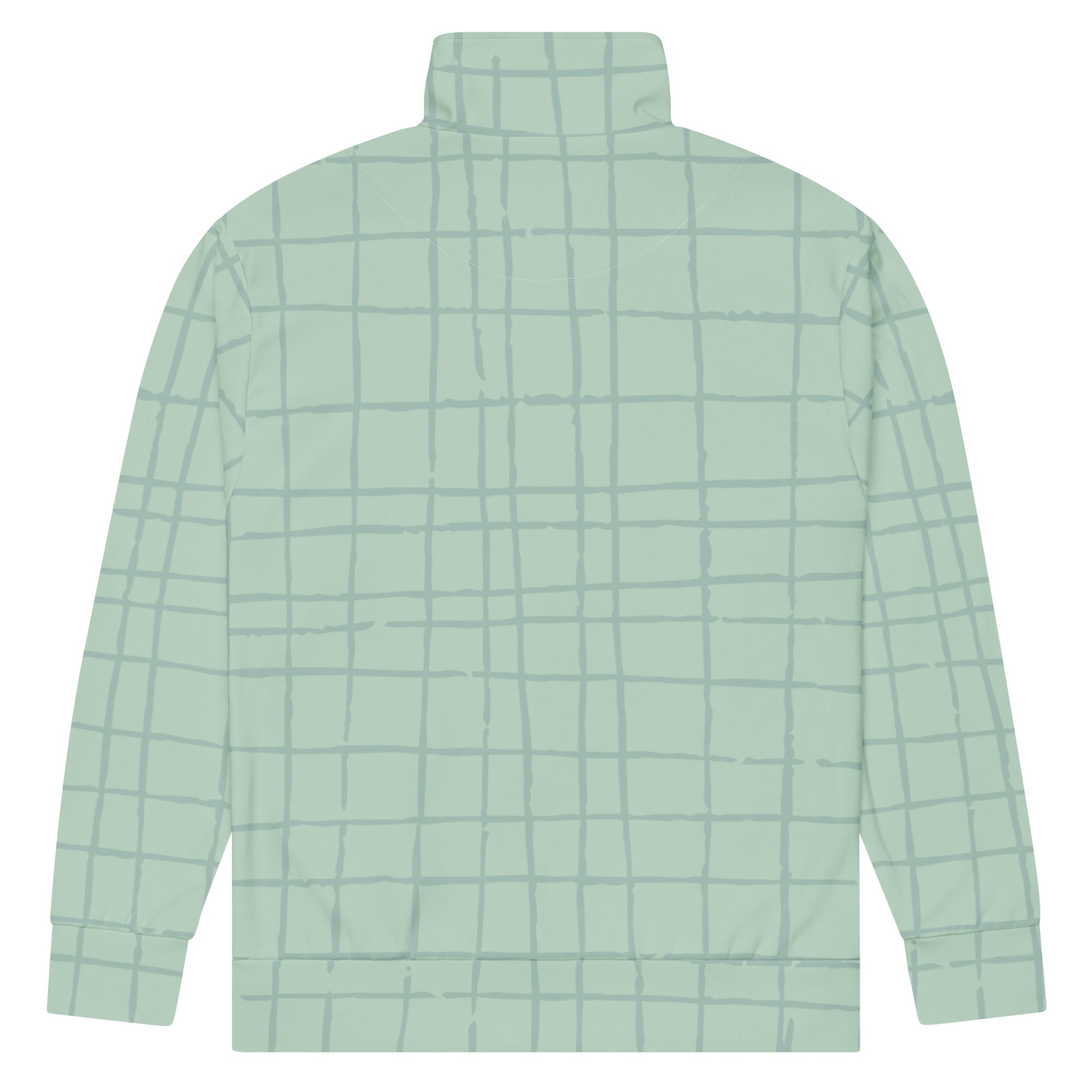 Trainingsjacke in hellem Mintgrün mit einem dezenten, hellgrauen Gittermuster. Die Jacke hat einen Stehkragen und einen durchgehenden Reißverschluss.