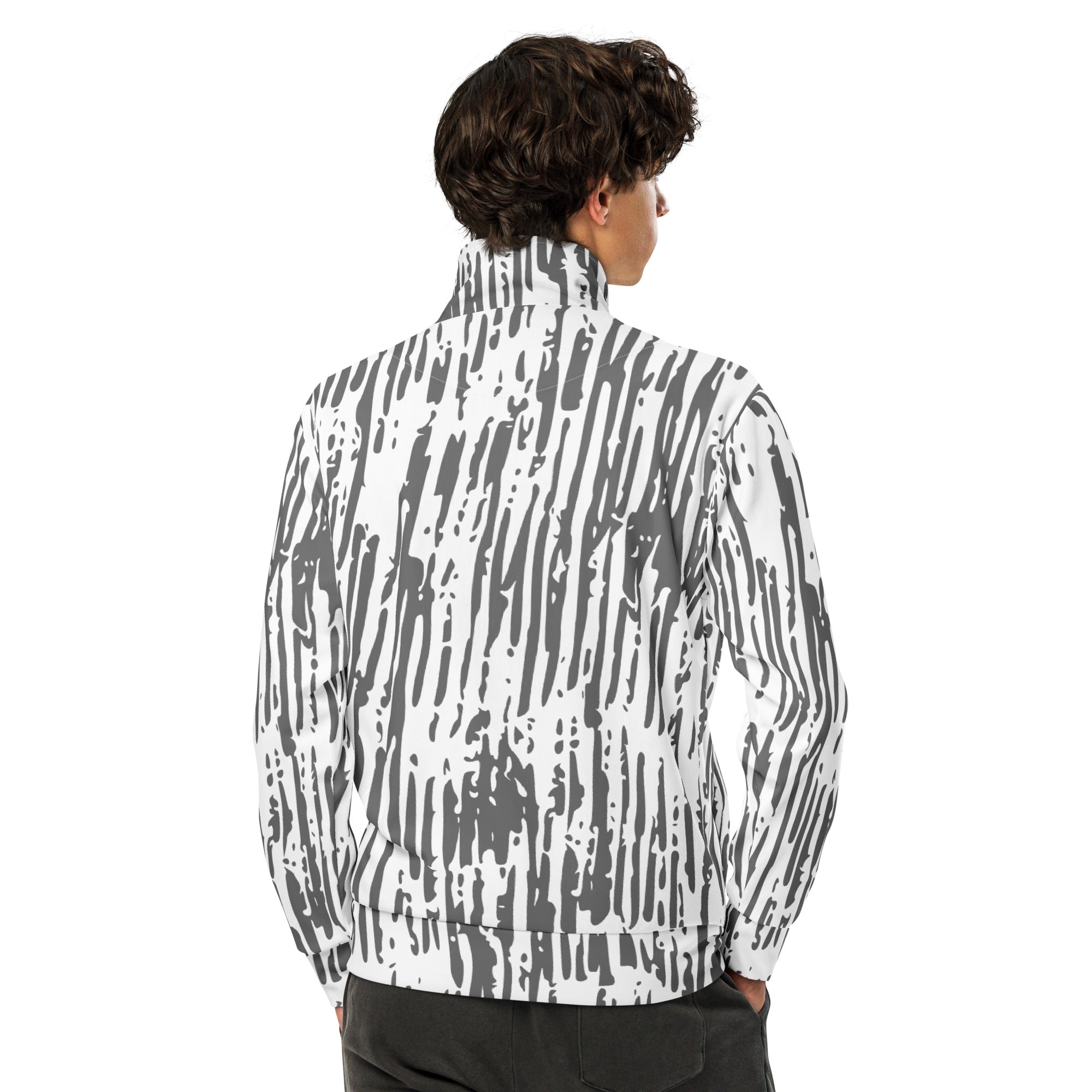 Einzigartige Trainingsjacke mit markantem Schwarz-Weiß Strichmuster. Komfortabel und stilvoll für ausdrucksstarke Streetwear-Looks.