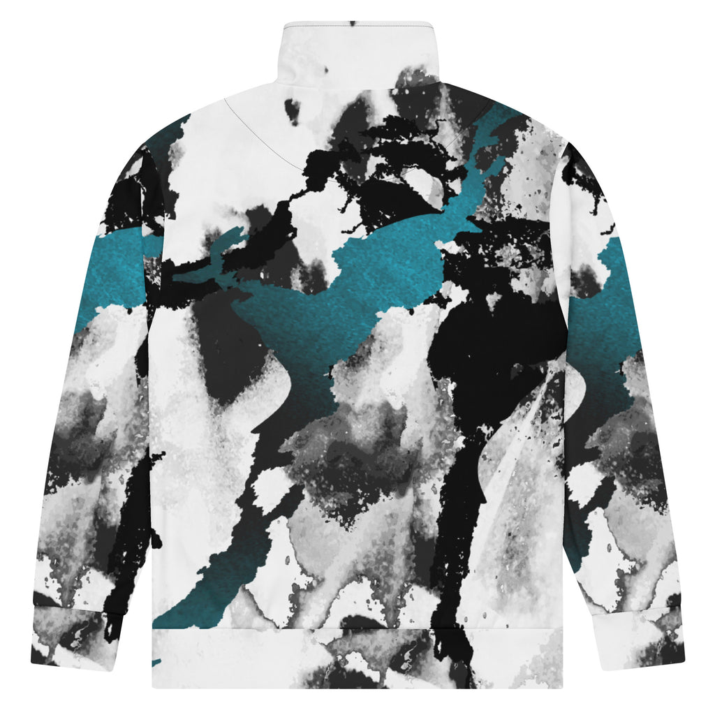 Herren-Trainingsjacke mit einem Inkstorm Muster in Schwarz, Grau, Türkis und Weiß. Die Jacke hat einen Stehkragen und einen durchgehenden Reißverschluss.