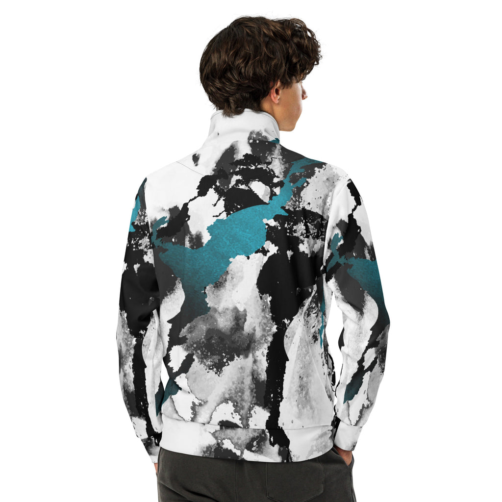 Herren-Trainingsjacke mit einem Inkstorm Muster in Schwarz, Grau, Türkis und Weiß. Die Jacke hat einen Stehkragen und einen durchgehenden Reißverschluss.