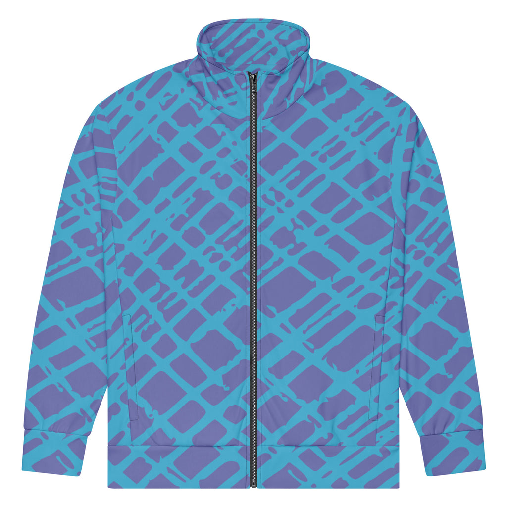 Herren-Trainingsjacke in Türkis und Lila mit einem abstrakten, gitterartigen Muster. Die Jacke hat einen Stehkragen und einen durchgehenden Reißverschluss.
