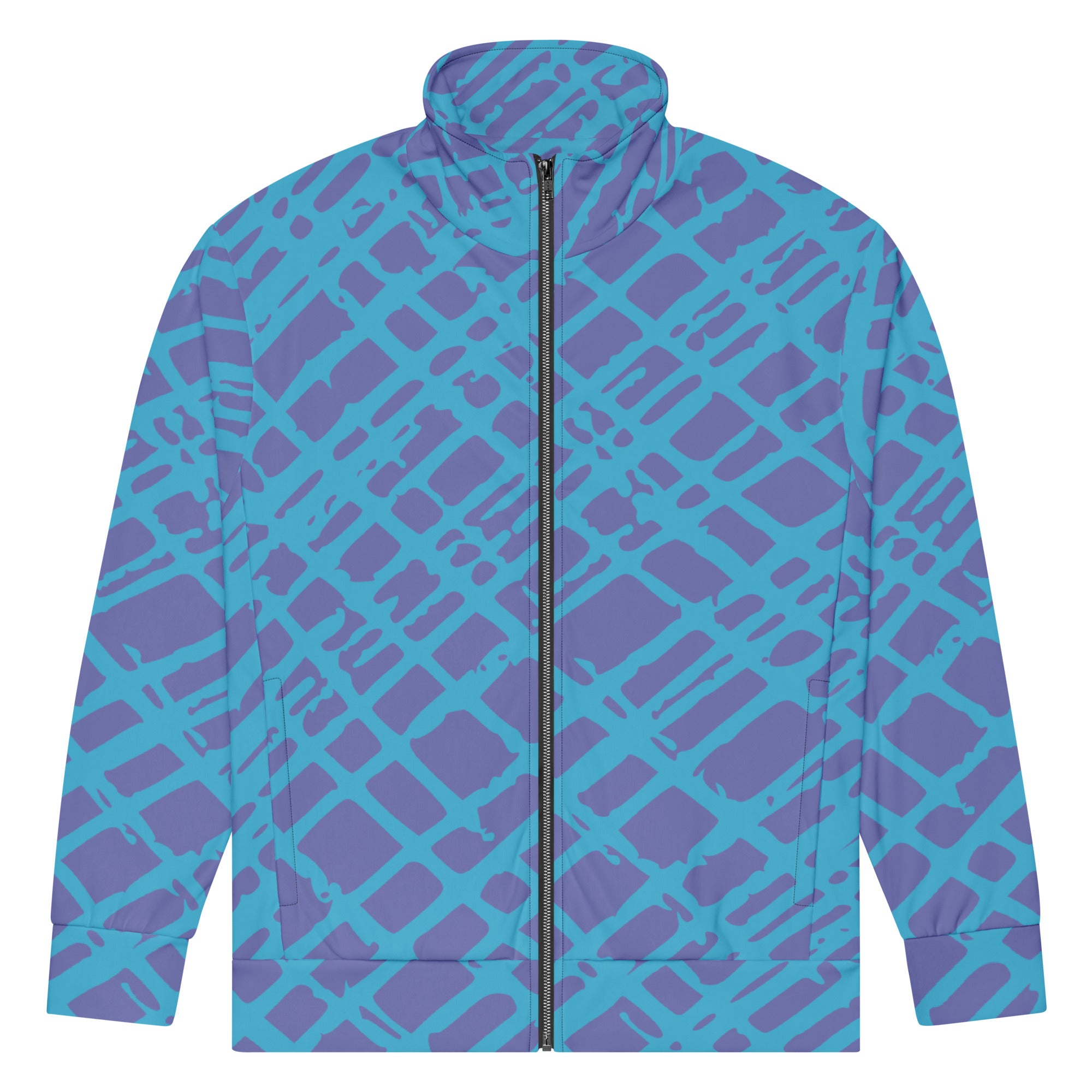 Herren-Trainingsjacke in Türkis und Lila mit einem abstrakten, gitterartigen Muster. Die Jacke hat einen Stehkragen und einen durchgehenden Reißverschluss.