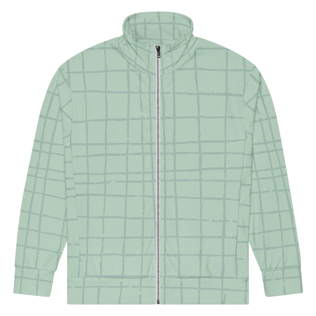 Trainingsjacke in hellem Mintgrün mit einem dezenten, hellgrauen Gittermuster. Die Jacke hat einen Stehkragen und einen durchgehenden Reißverschluss.