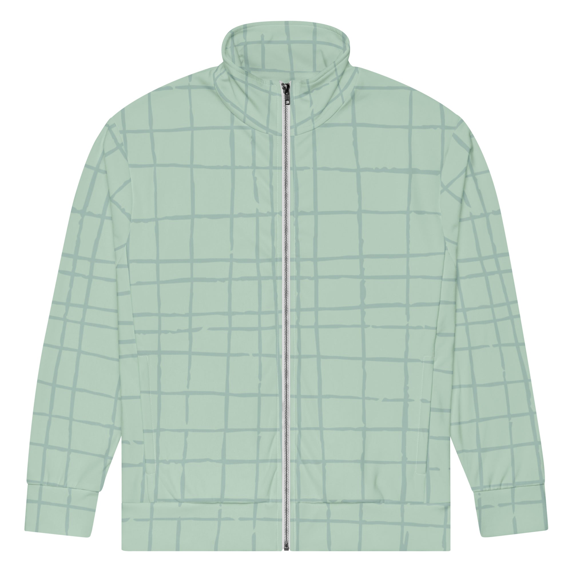 Trainingsjacke in hellem Mintgrün mit einem dezenten, hellgrauen Gittermuster. Die Jacke hat einen Stehkragen und einen durchgehenden Reißverschluss.