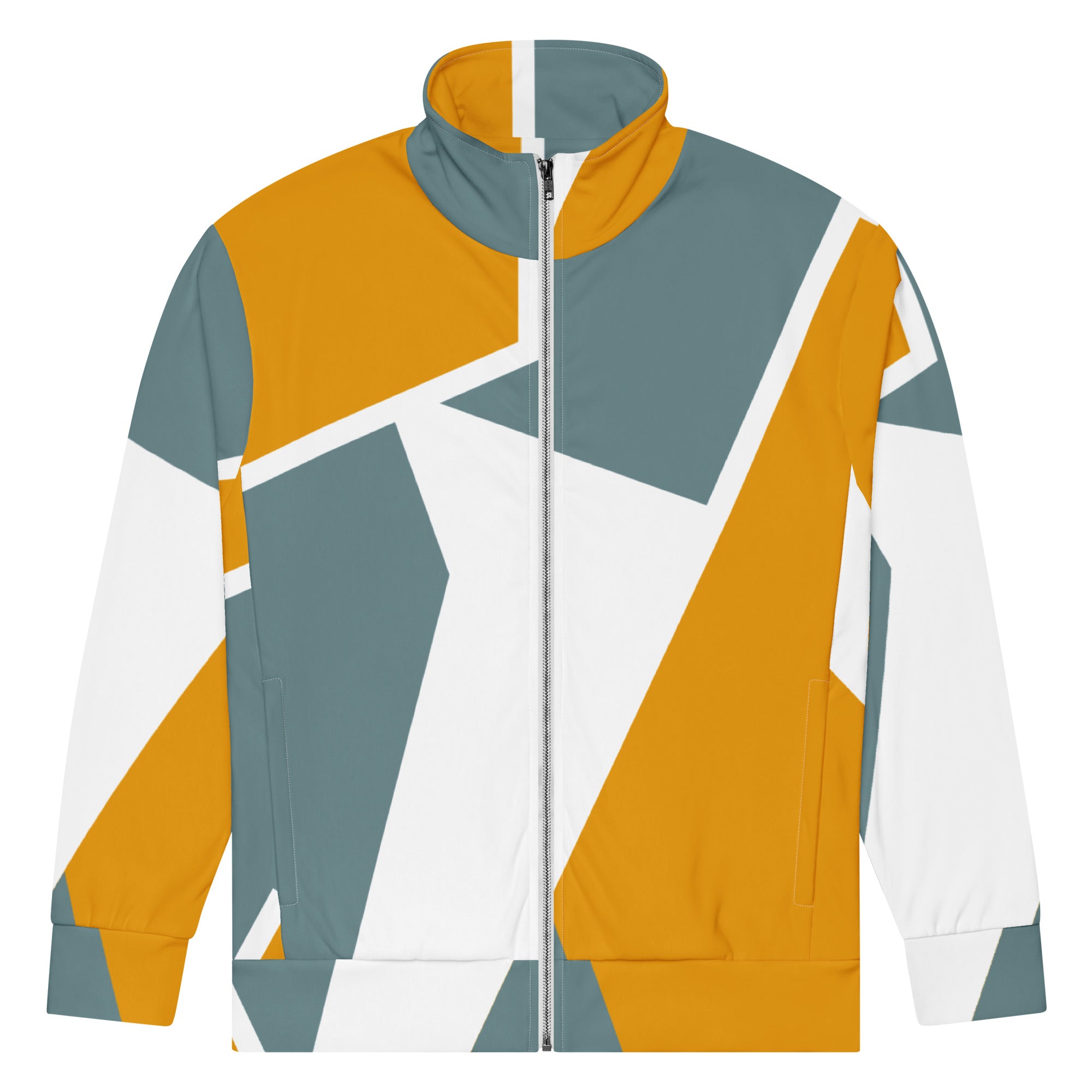 Trainingsjacke mit einem abstrakten, geometrischen Muster in den Farben Gelb, Grau und Weiß. Die Jacke hat einen Stehkragen und einen durchgehenden Reißverschluss.