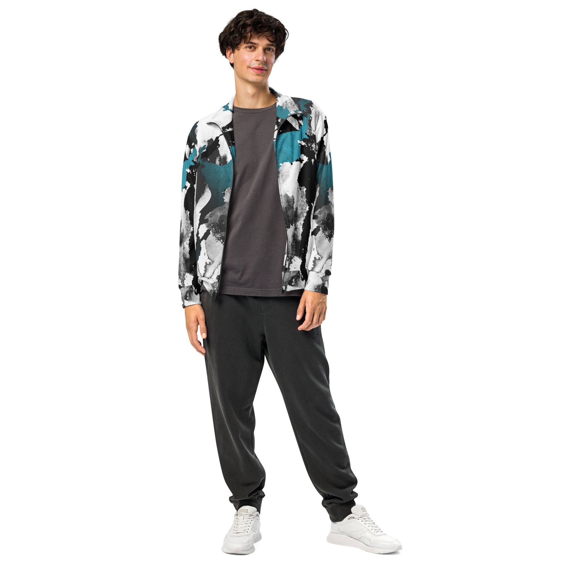 Herren-Trainingsjacke mit einem Inkstorm Muster in Schwarz, Grau, Türkis und Weiß. Die Jacke hat einen Stehkragen und einen durchgehenden Reißverschluss.
