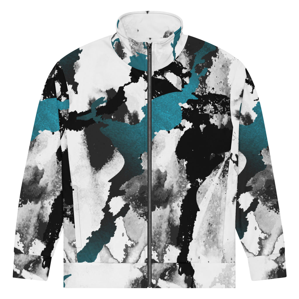 Herren-Trainingsjacke mit einem Inkstorm Muster in Schwarz, Grau, Türkis und Weiß. Die Jacke hat einen Stehkragen und einen durchgehenden Reißverschluss.