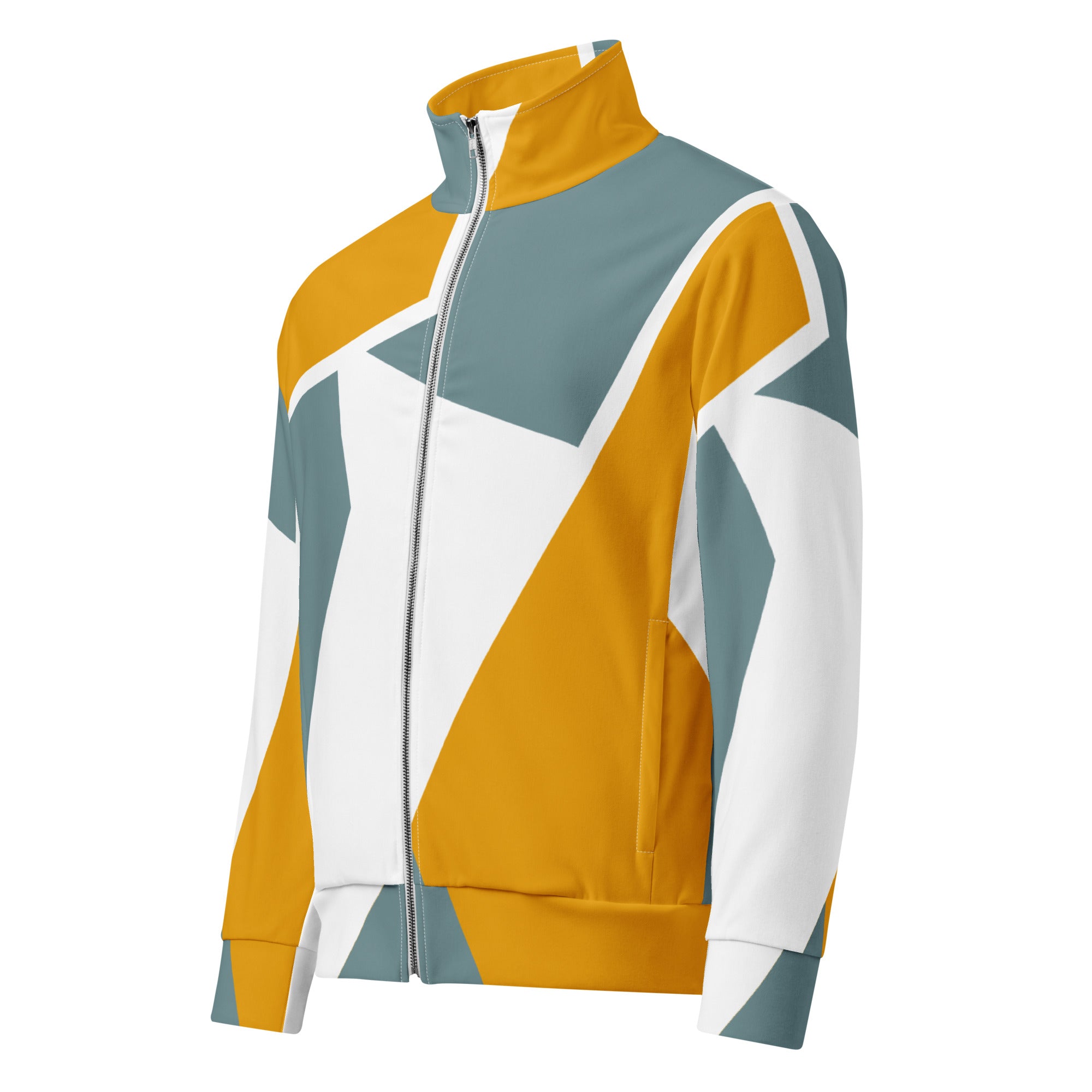 Trainingsjacke mit einem abstrakten, geometrischen Muster in den Farben Gelb, Grau und Weiß. Die Jacke hat einen Stehkragen und einen durchgehenden Reißverschluss.