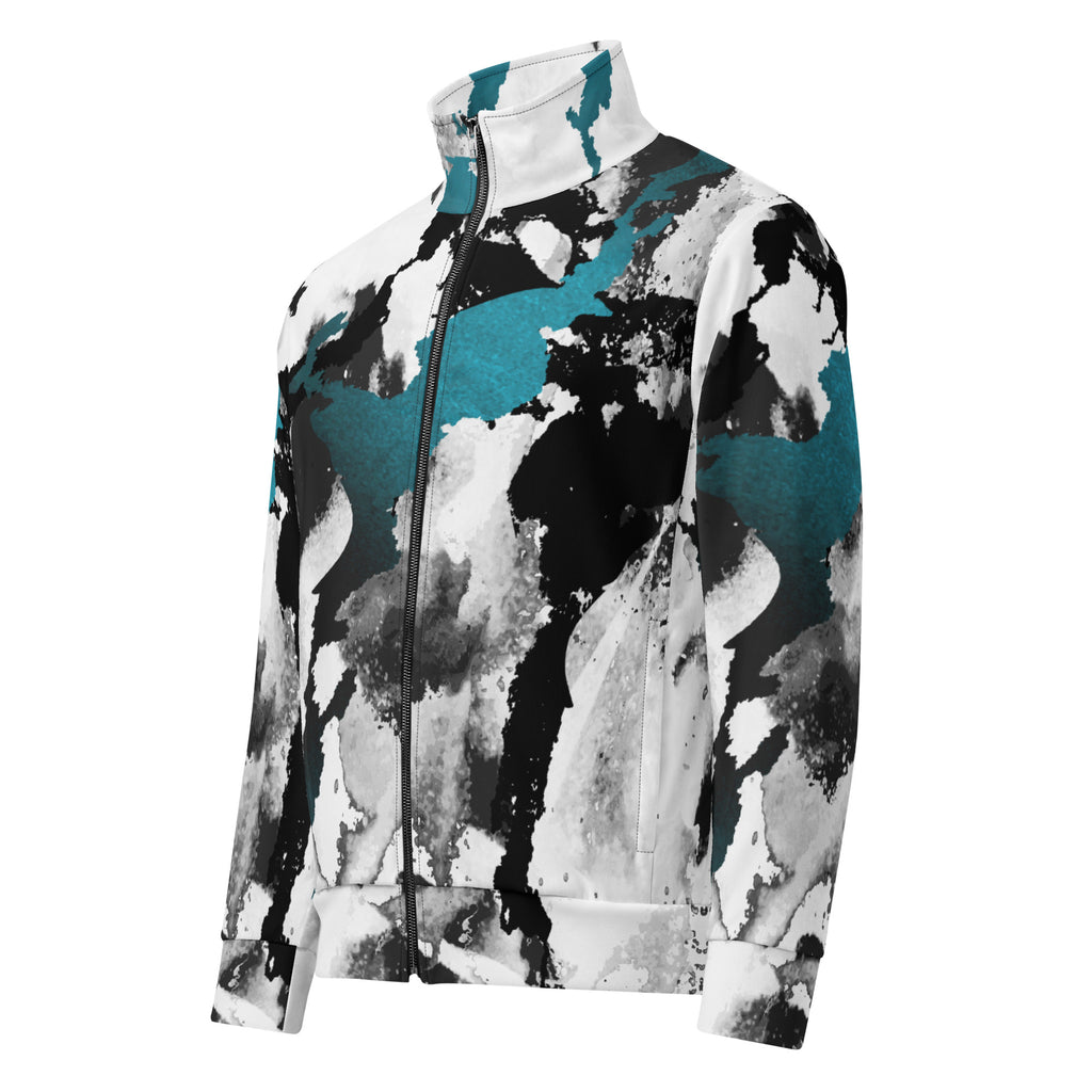Herren-Trainingsjacke mit einem Inkstorm Muster in Schwarz, Grau, Türkis und Weiß. Die Jacke hat einen Stehkragen und einen durchgehenden Reißverschluss.

