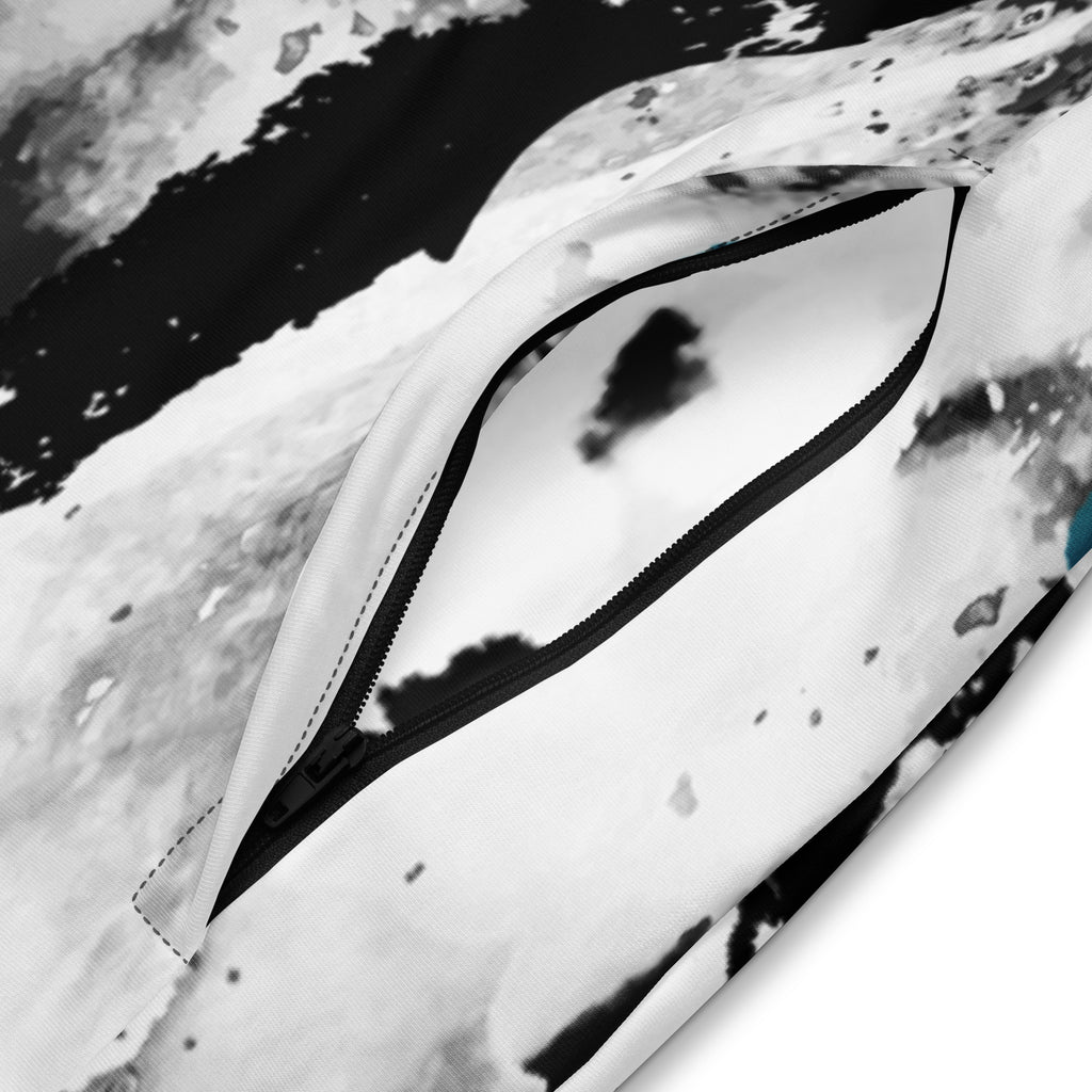 Herren-Trainingsjacke mit einem Inkstorm Muster in Schwarz, Grau, Türkis und Weiß. Die Jacke hat einen Stehkragen und einen durchgehenden Reißverschluss.