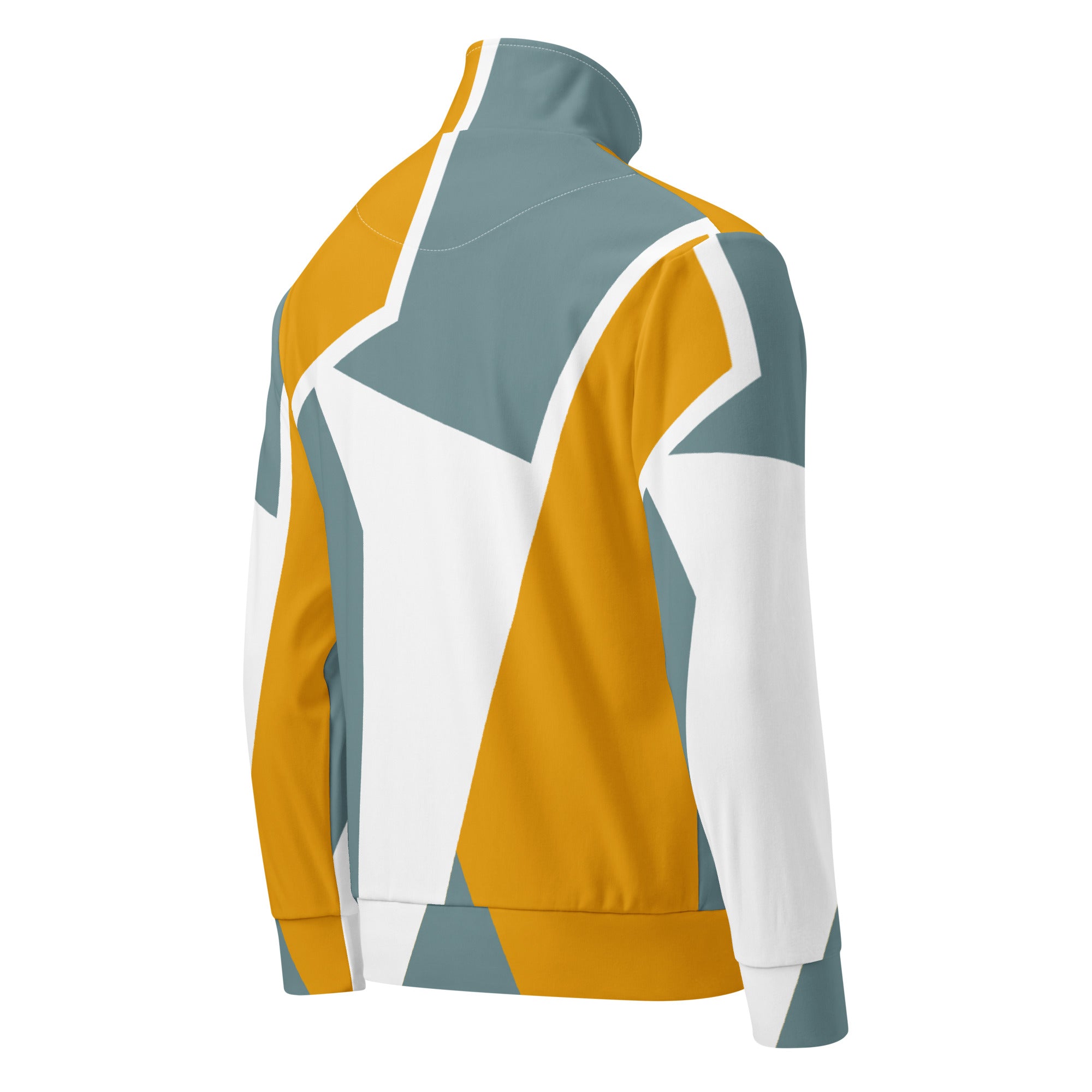 Trainingsjacke mit einem abstrakten, geometrischen Muster in den Farben Gelb, Grau und Weiß. Die Jacke hat einen Stehkragen und einen durchgehenden Reißverschluss.
