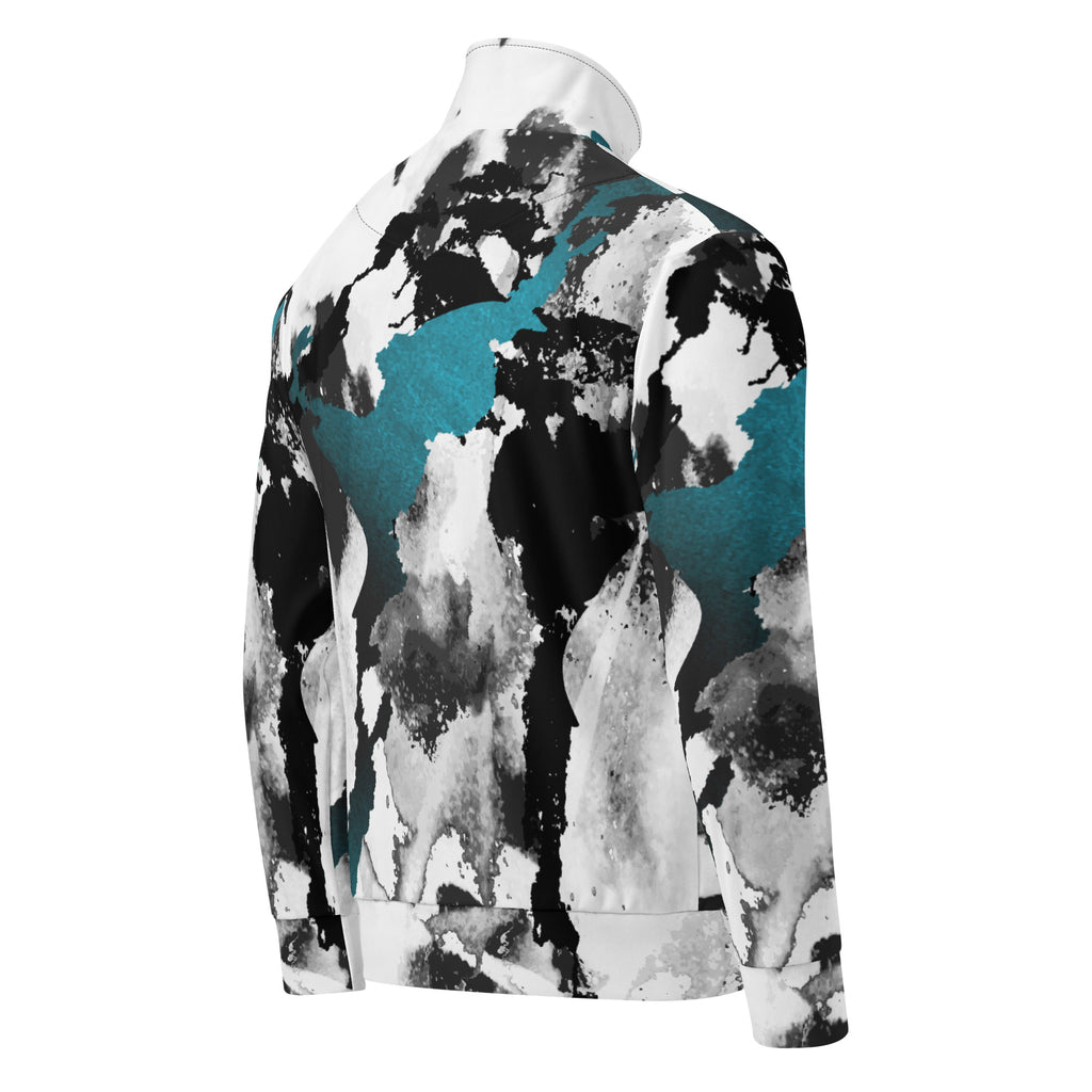 Herren-Trainingsjacke mit einem Inkstorm Muster in Schwarz, Grau, Türkis und Weiß. Die Jacke hat einen Stehkragen und einen durchgehenden Reißverschluss.
