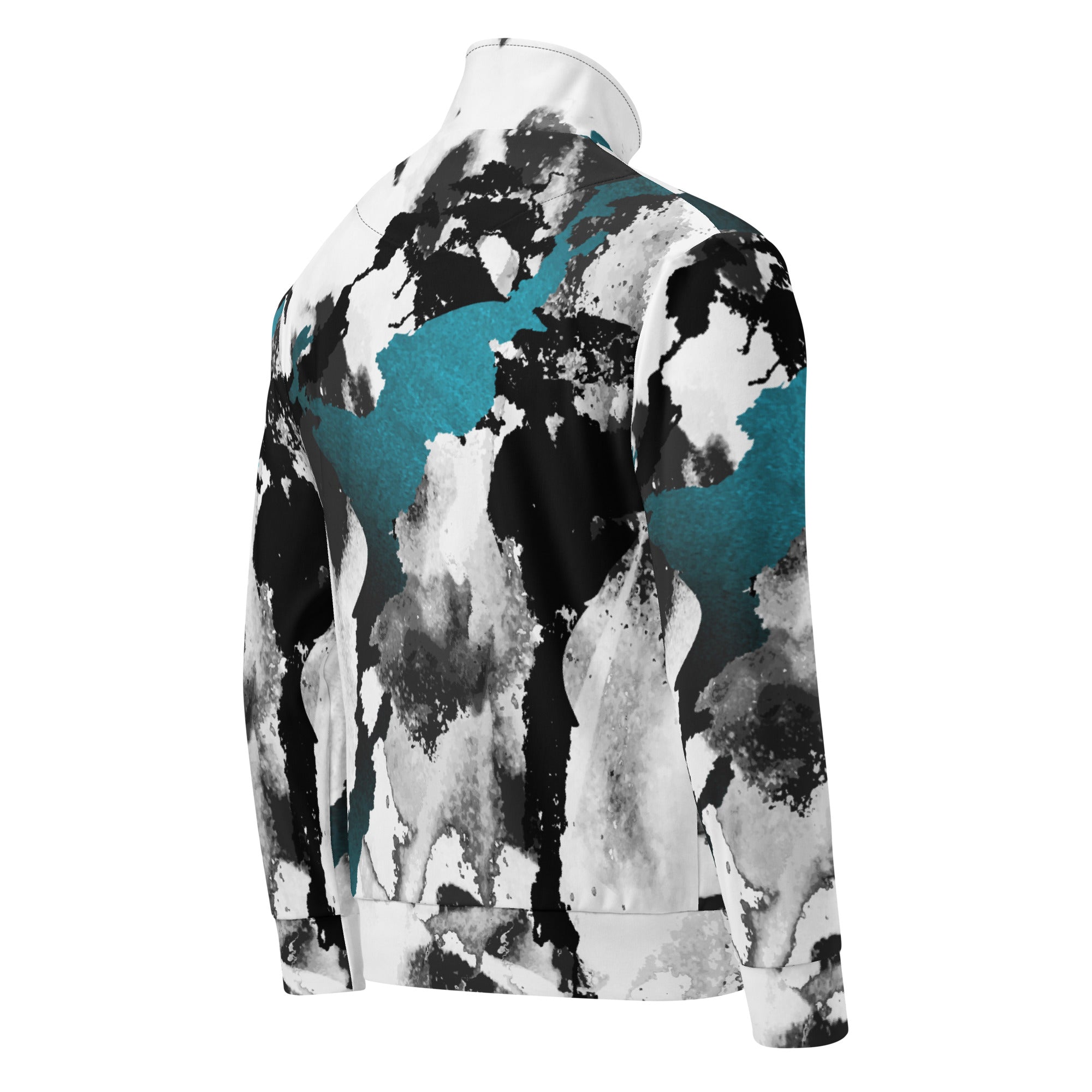 Herren-Trainingsjacke mit einem Inkstorm Muster in Schwarz, Grau, Türkis und Weiß. Die Jacke hat einen Stehkragen und einen durchgehenden Reißverschluss.