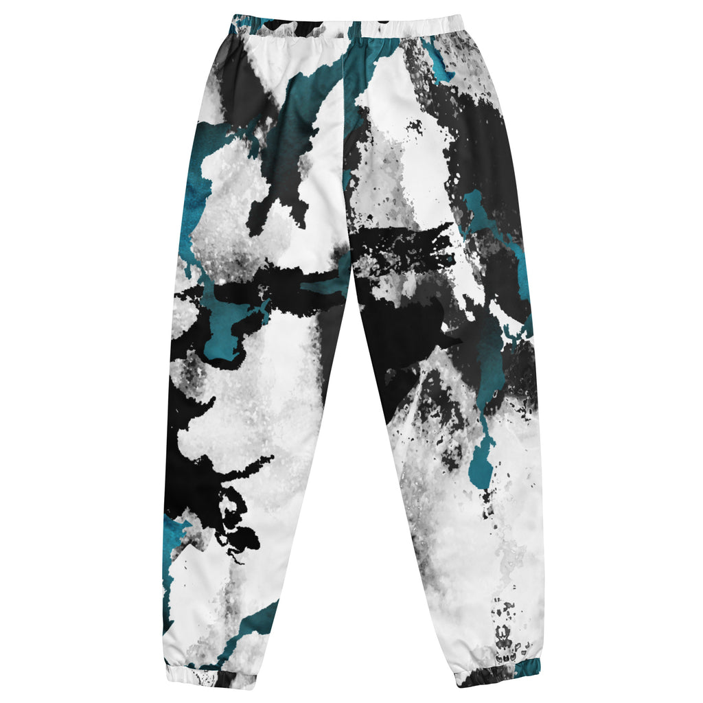 Herren-Trainingshose mit einem Inkstorm Muster in Schwarz, Grau, Türkis und Weiß. Die Hose hat einen elastischen Bund und Bündchen an den Beinabschlüssen.