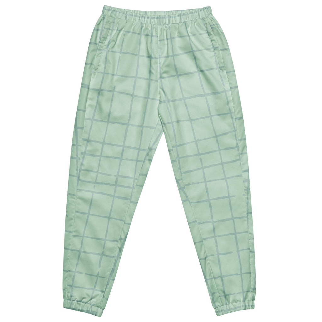 Trainingshose in hellem Mintgrün mit einem dezenten, hellgrauen Gittermuster. Die Hose hat einen elastischen Bund und Bündchen an den Beinabschlüssen.