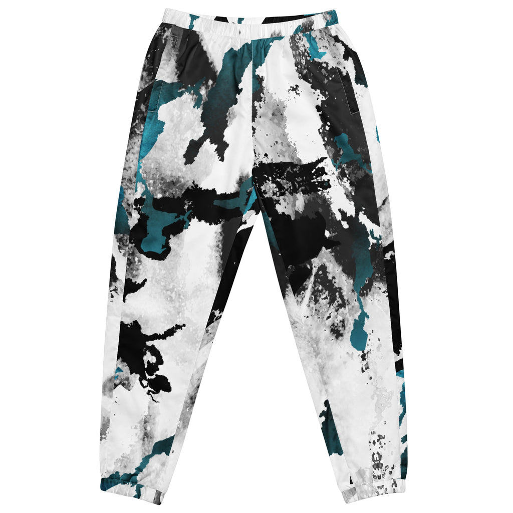 Herren-Trainingshose mit einem Inkstorm Muster in Schwarz, Grau, Türkis und Weiß. Die Hose hat einen elastischen Bund und Bündchen an den Beinabschlüssen.

