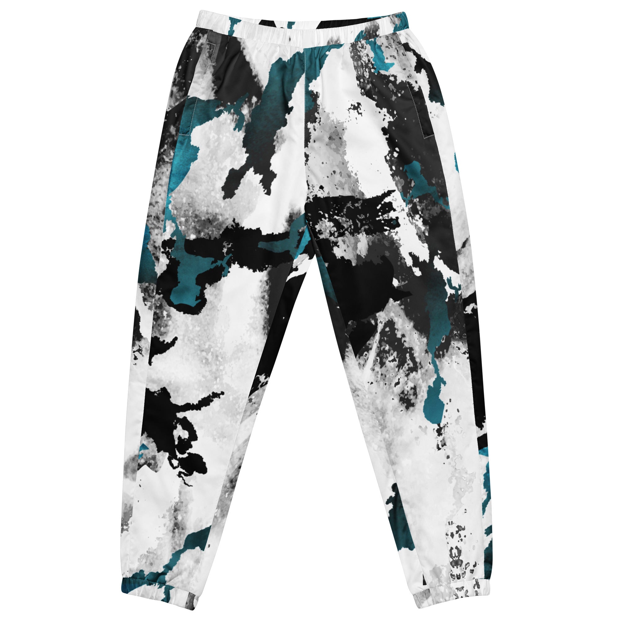 Herren-Trainingshose mit einem Inkstorm Muster in Schwarz, Grau, Türkis und Weiß. Die Hose hat einen elastischen Bund und Bündchen an den Beinabschlüssen.

