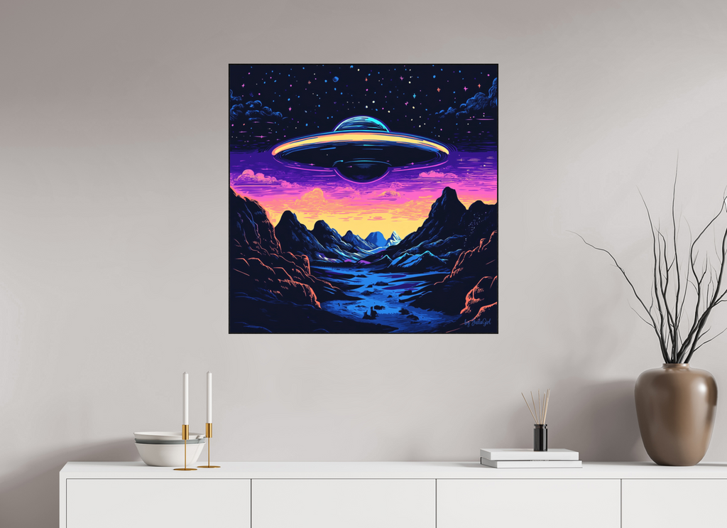 Ein Moment zwischen Himmel und Erde, Realität und Fantasie - asl der Himmel in Farben brennt und sich das Unbekannte zeigt. Das schwebende UFO wirkt ruhig und doch mächtig, wie eine Erinnerung daran, dass wir nicht alles verstehen müssen, um es zu fühlen. Dieses Bild ist eine Hommage an Neugier, Staunen und das grenzenlose Universum der Möglichkeiten. Hängend oberhalb eines weißen sideboards mit minimalischter dekoration und einer sanften grau-beigen wandfarbe. designed, by Just a Girl.
