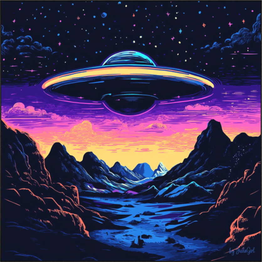 Ein Moment zwischen Himmel und Erde, Realität und Fantasie - asl der Himmel in Farben brennt und sich das Unbekannte zeigt. Das schwebende UFO wirkt ruhig und doch mächtig, wie eine Erinnerung daran, dass wir nicht alles verstehen müssen, um es zu fühlen. Dieses Bild ist eine Hommage an Neugier, Staunen und das grenzenlose Universum der Möglichkeiten.