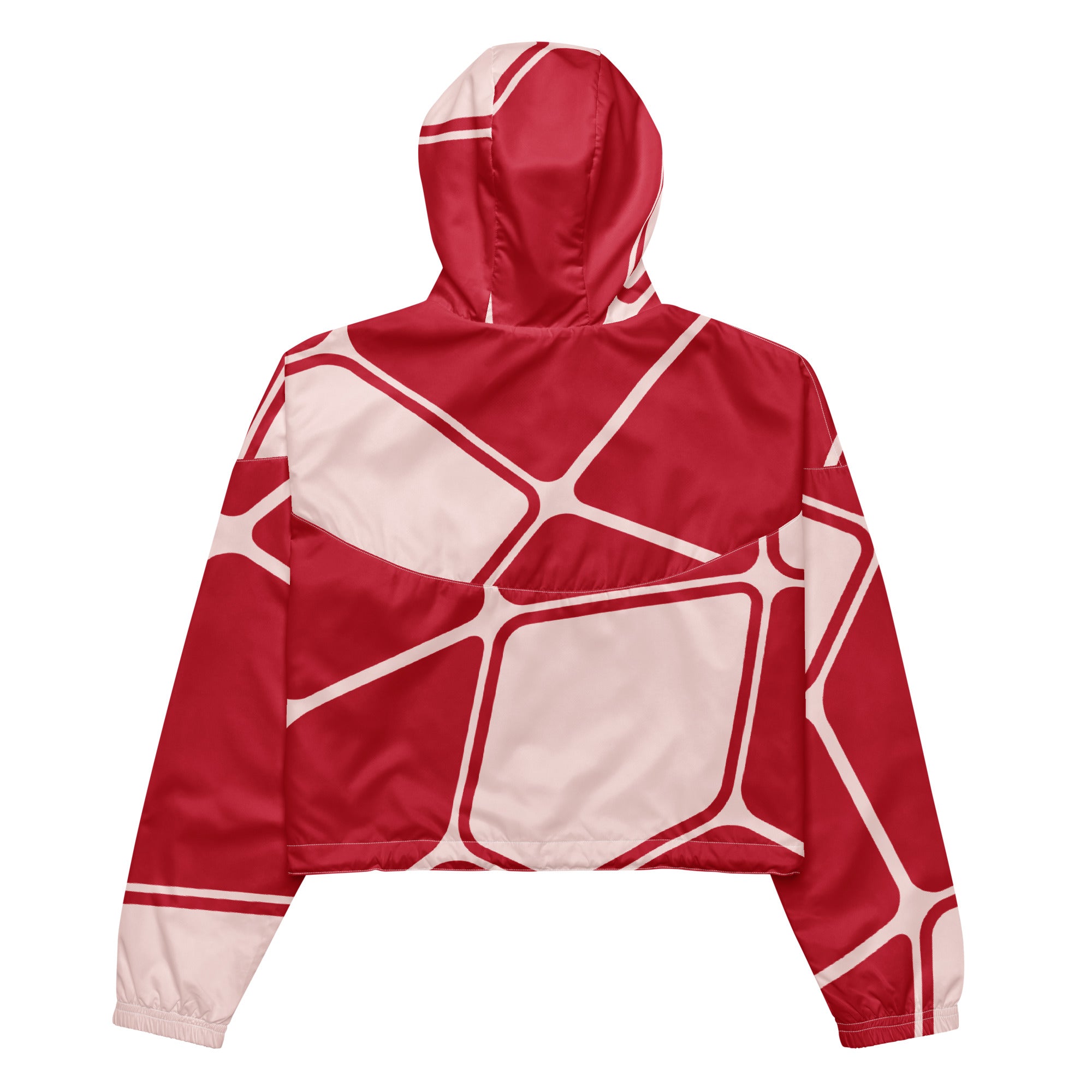 Ein Damen Cropped Windbreaker in Rot und hellem Rosé mit einem abstrakten geometrischen Muster aus miteinander verbundenen, abgerundeten Rechtecken und Linien. Die Jacke hat eine Kapuze, einen halben Reißverschluss, weiße Kordeln und einen verstellbaren Saum. Jacken Rückenansicht. By Just a Girl.