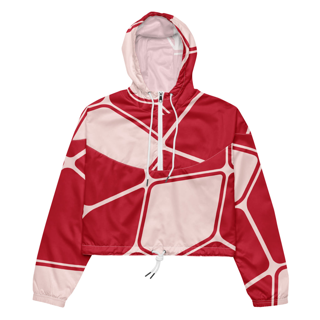 Ein Damen Cropped Windbreaker in Rot und hellem Rosé mit einem abstrakten geometrischen Muster aus miteinander verbundenen, abgerundeten Rechtecken und Linien. Die Jacke hat eine Kapuze, einen halben Reißverschluss, weiße Kordeln und einen verstellbaren Saum.  Jacken Vorderansicht. By Just a Girl.