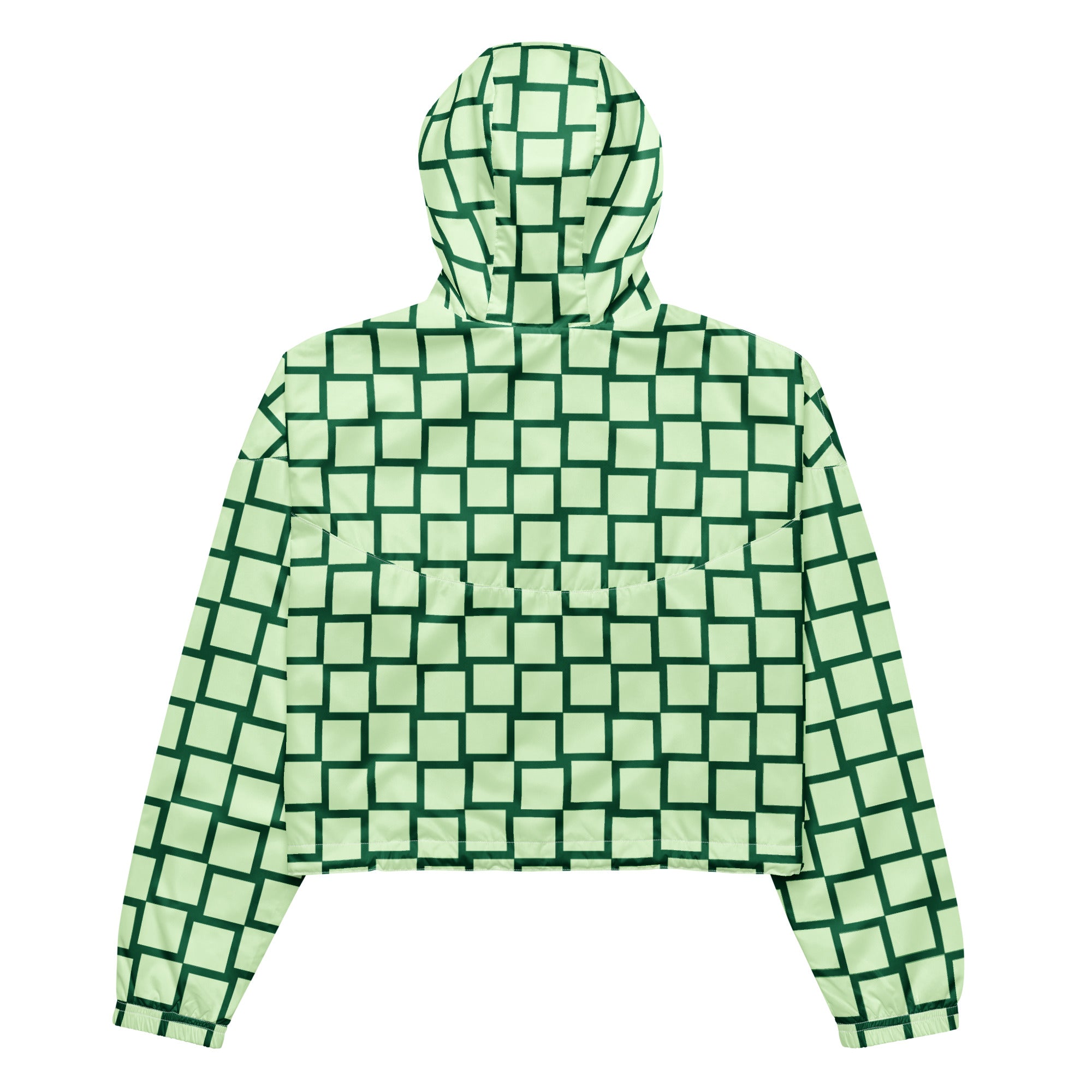 Ein Damen Cropped Windbreaker mit einem Schachbrettmuster in hellem Mintgrün und dunklem Grün. Die Jacke hat eine Kapuze, einen halben Reißverschluss mit weißen Kordeln und einen verstellbaren Saum. Jacken Rückenansicht. By Just a Girl.