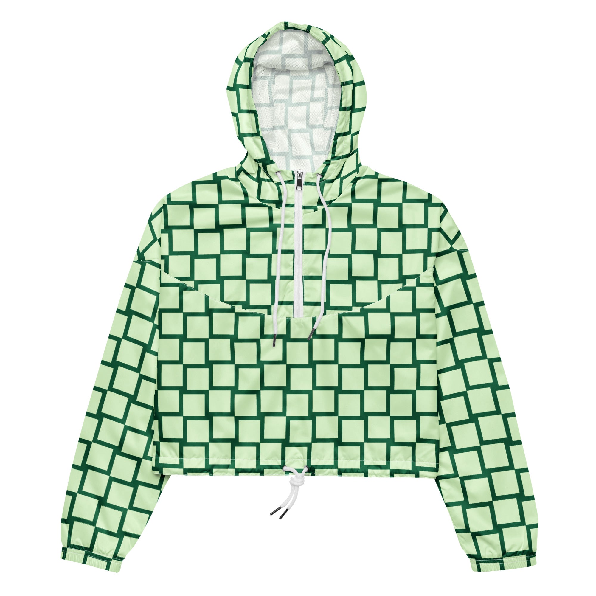 Ein Damen Cropped Windbreaker mit einem Schachbrettmuster in hellem Mintgrün und dunklem Grün. Die Jacke hat eine Kapuze, einen halben Reißverschluss mit weißen Kordeln und einen verstellbaren Saum. By Just a Girl.