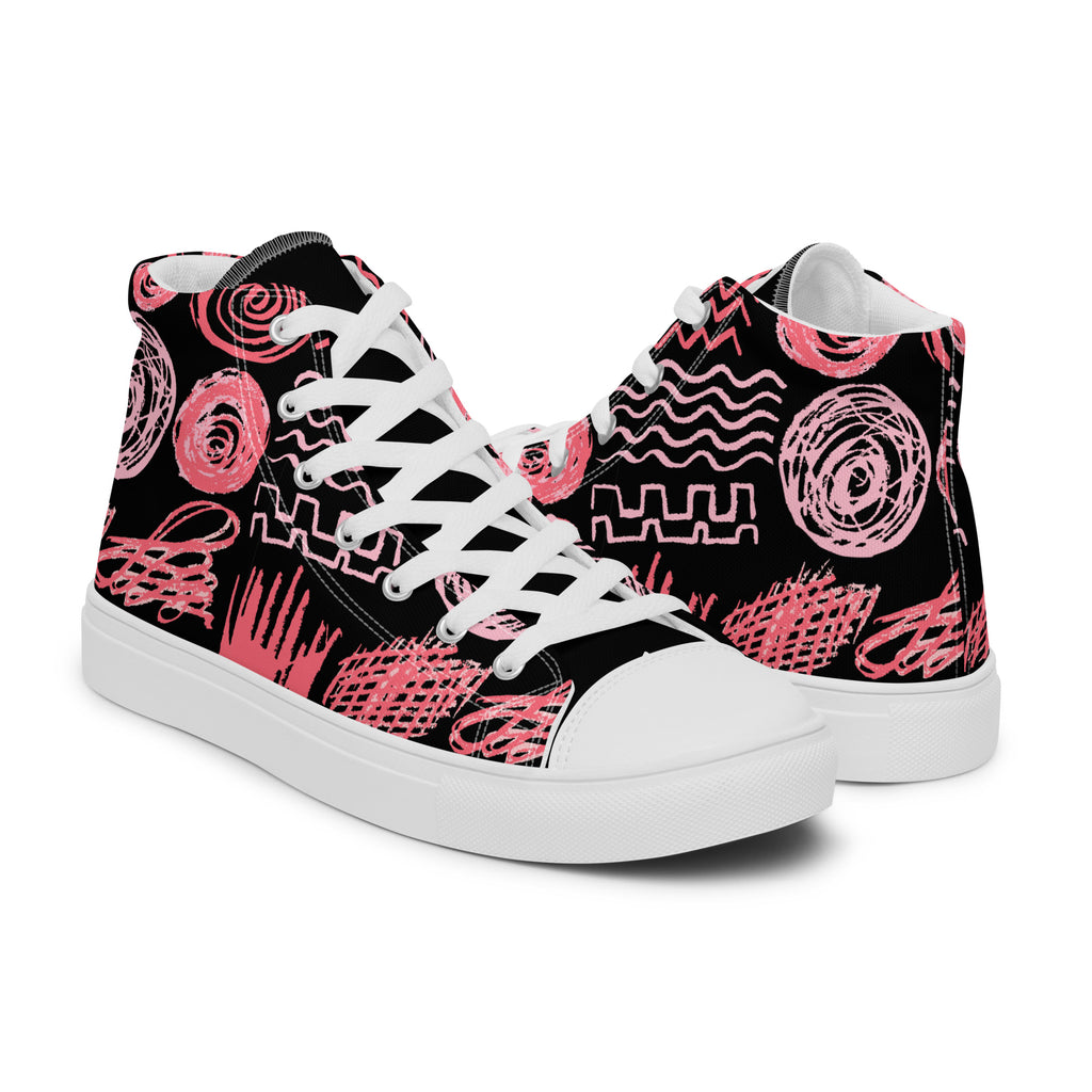 Eine gegensätzliche Ansicht der , zwei weiße High-Top Canvas Schuhe mit einem bunten, Scrill Art abstrakten Muster aus geschwungenen, kritzelartigen Formen in verschiedenen Pinktönen. Die Schnürsenkel und Sohlen sind weiß. Die Schuhzunge ist aber Schwarz. Designed, by Just a Girl.