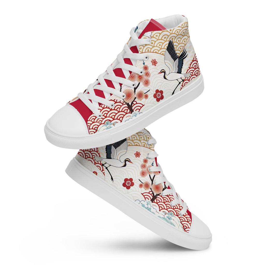Die Damen High Top Canvas "The Crane Flow" im asiatischen Stil. Schwebende Ansicht mit Roter Schuhzunge. By Just a Girl.
