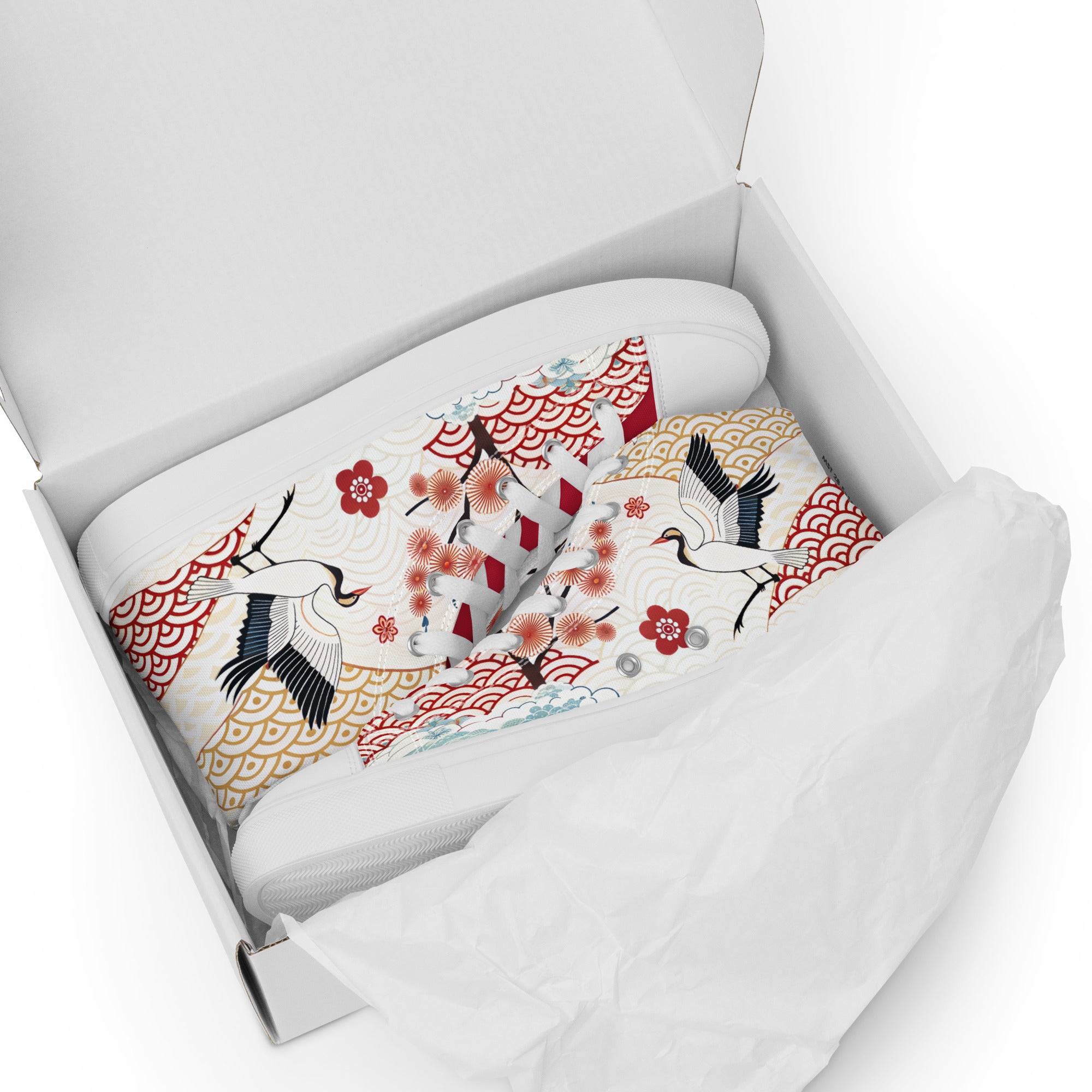 High Top Canvas "The Crane Flow" liegend im Schuhkarton. By Just a Girl.