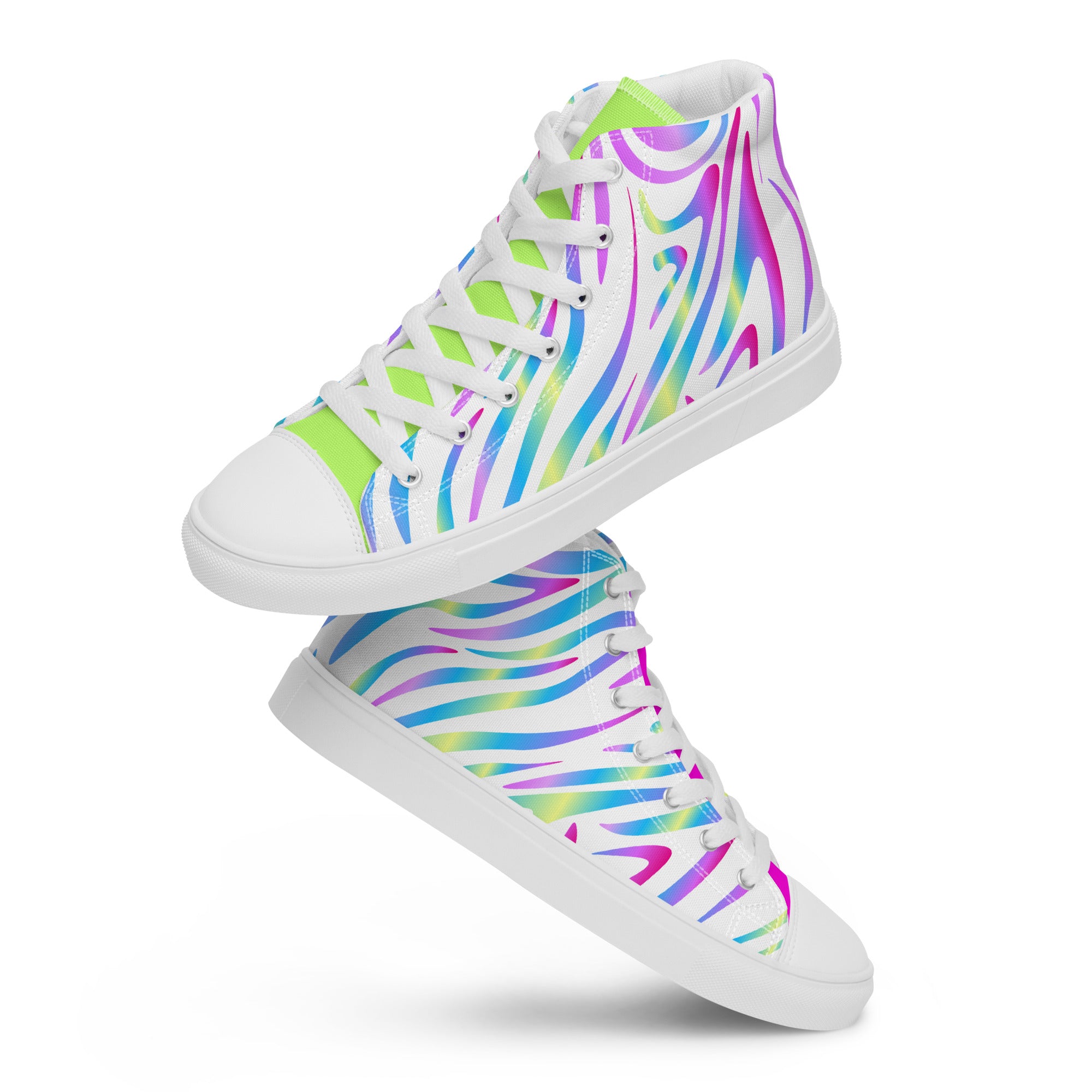 Zwei schwebende, weiße High-Top Canvas Schuhe "No Rules" mit einem lebhaften, mehrfarbigen Muster, das an Zebrastreifen erinnert. Das Muster zeigt Farbtöne von Neongrün, Hellblau, Pink und Lila. Der Grundton der Schuhe ist jedoch weiß.  Die Schuhzungen sind von der Farbe her unterschiedlich. Die linke Schuhzunge hat eine leuchtende Lime Farbe die andere ist Pink. Die Schnürsenkel und Sohlen sind weiß. Designed, by Just a Girl.