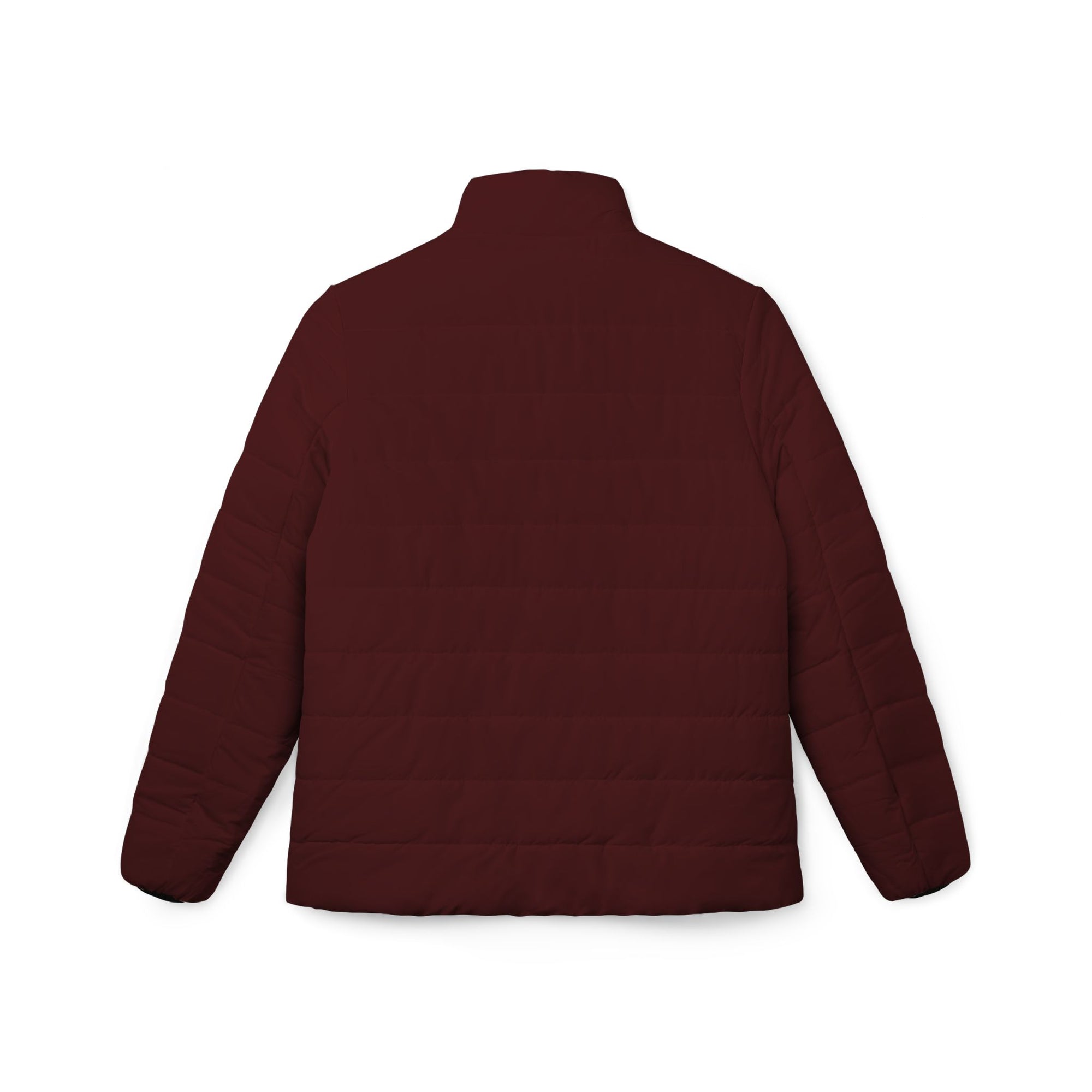 Eine freigestellte, schwebende Damen-Pufferjacke in der Rückenansicht in einem Oxblood Farbton. Die Jacke ist horizontal gesteppt, hat eine glatte Oberfläche sowie einen hohen Stehkragen. Designed, by Just a Girl.
