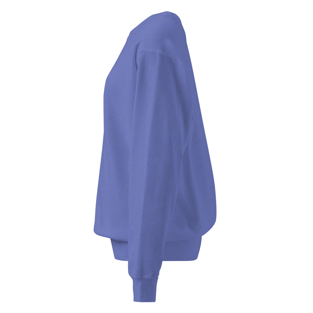 Ein unifarbener Pullover freigestellte Seitenansicht links in Blau, das als Airy Blue bezeichnet wird. Das Kleidungsstück ist schlicht und hat lange Ärmel.