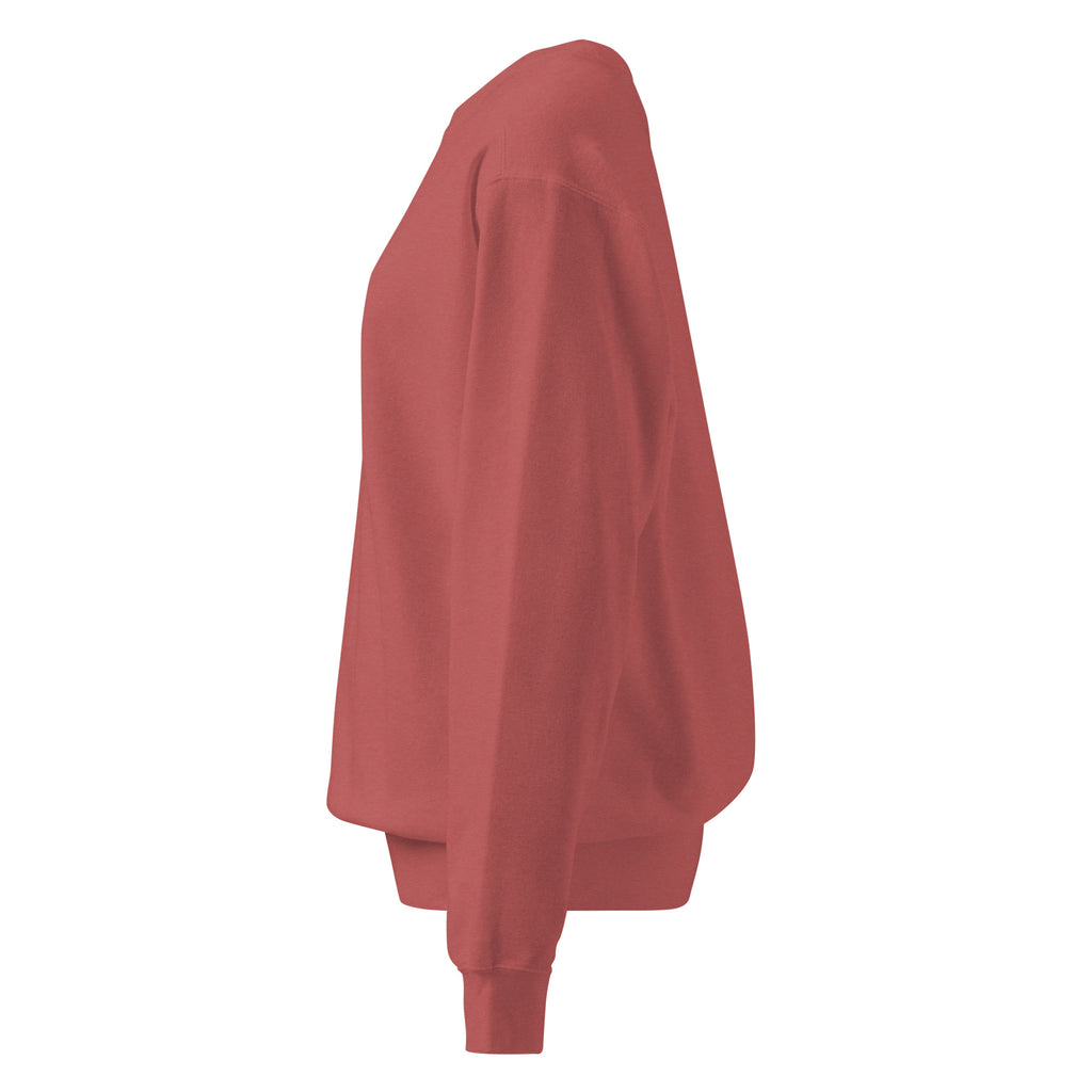 Ein unifarbener Pullover freigestellte Seitenansicht links in kräftigem rost rot, das als Crusty Red  bezeichnet wird. Das Kleidungsstück ist schlicht und hat lange Ärmel.