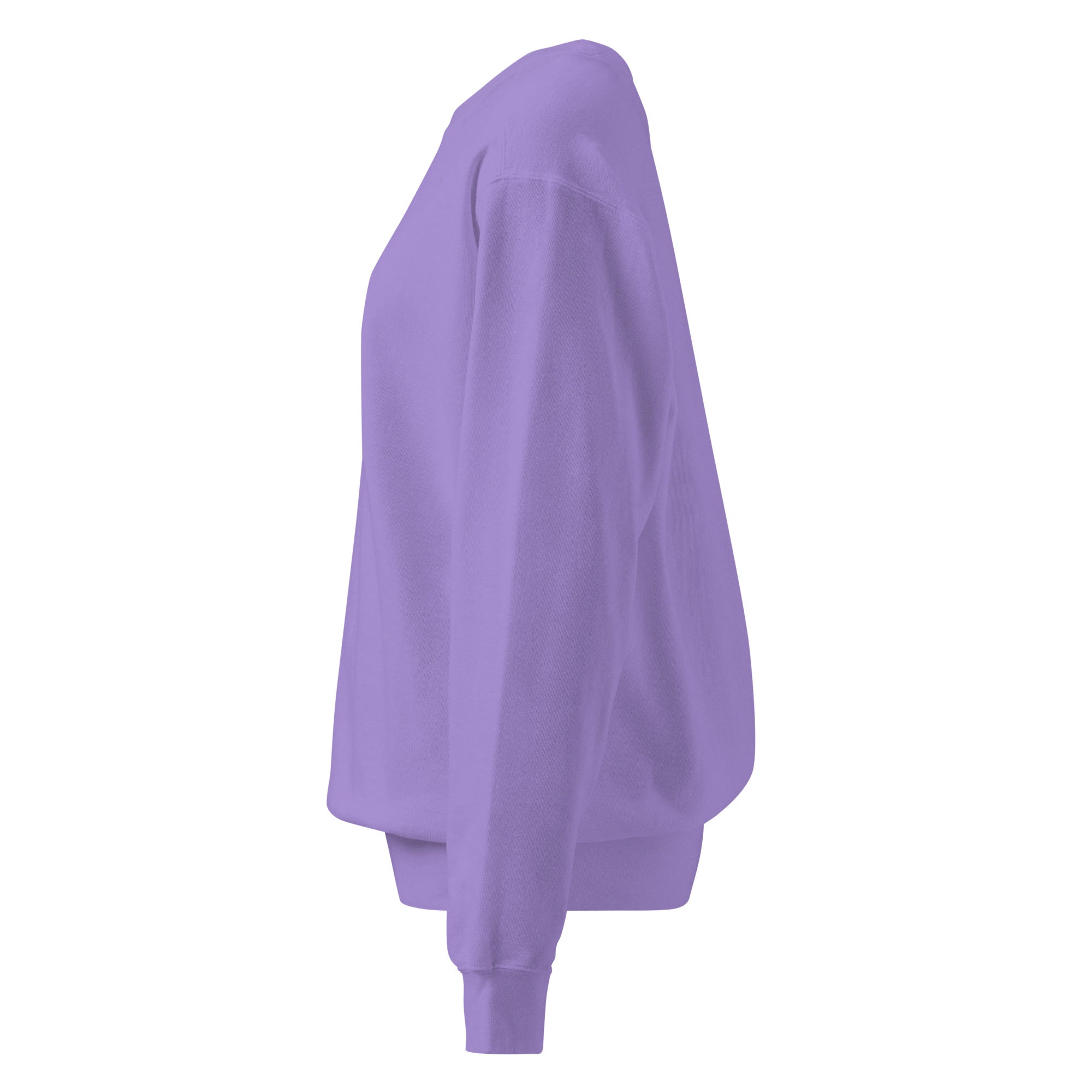 Ein unifarbener Pullover freigestellte Seitenansicht links in lila, das als Lavender Dreans bezeichnet wird. Das Kleidungsstück ist schlicht und hat lange Ärmel. 