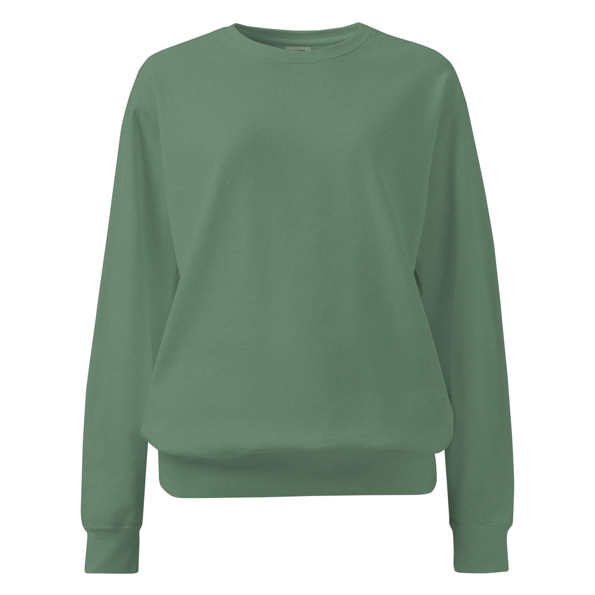 Ein unifarbener Pullover freigestellte Vorderansicht in dunkelgrün, das als Pine Green  bezeichnet wird. Das Kleidungsstück ist schlicht und hat lange Ärmel.