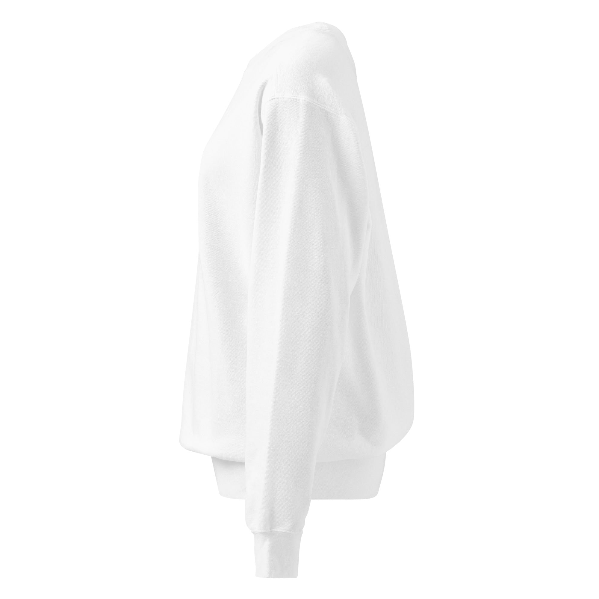 Ein unifarbener Pullover freigestellte Seitenansicht links in weiß das als White Clouds bezeichnet wird. Das Kleidungsstück ist schlicht und hat lange Ärmel.